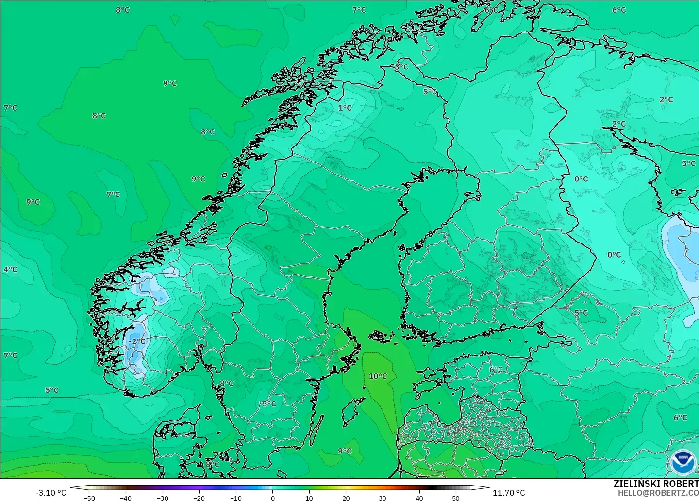 GFS model - Scandinavia, Dewpoint at 2m