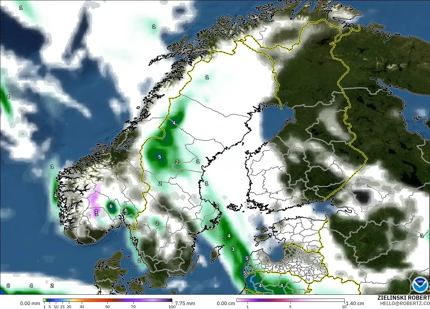 GFS model - Scandinavia, Precipitation, Clouds, and Pressure
