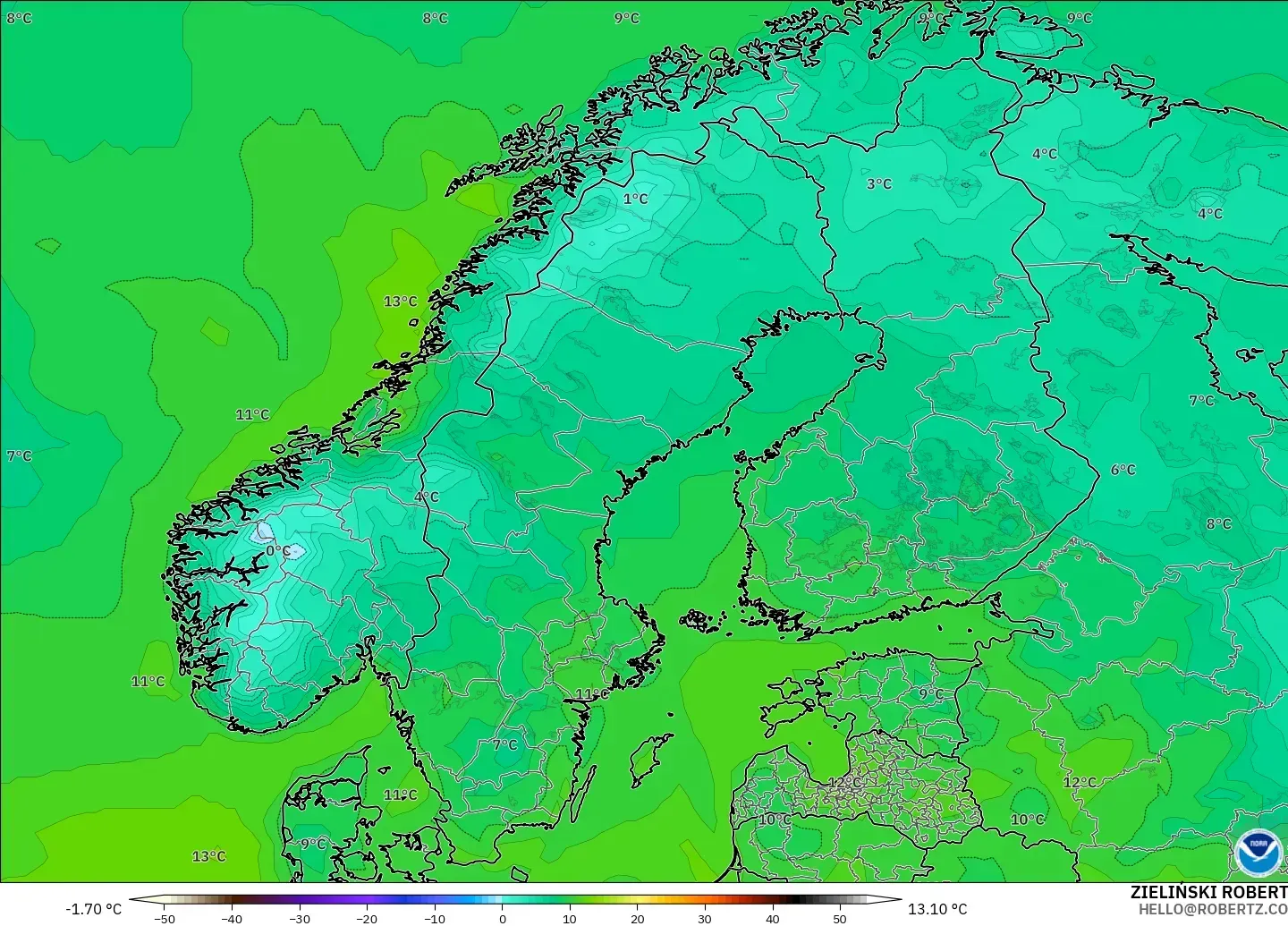 GFS model - Scandinavia, Temperature at 2m