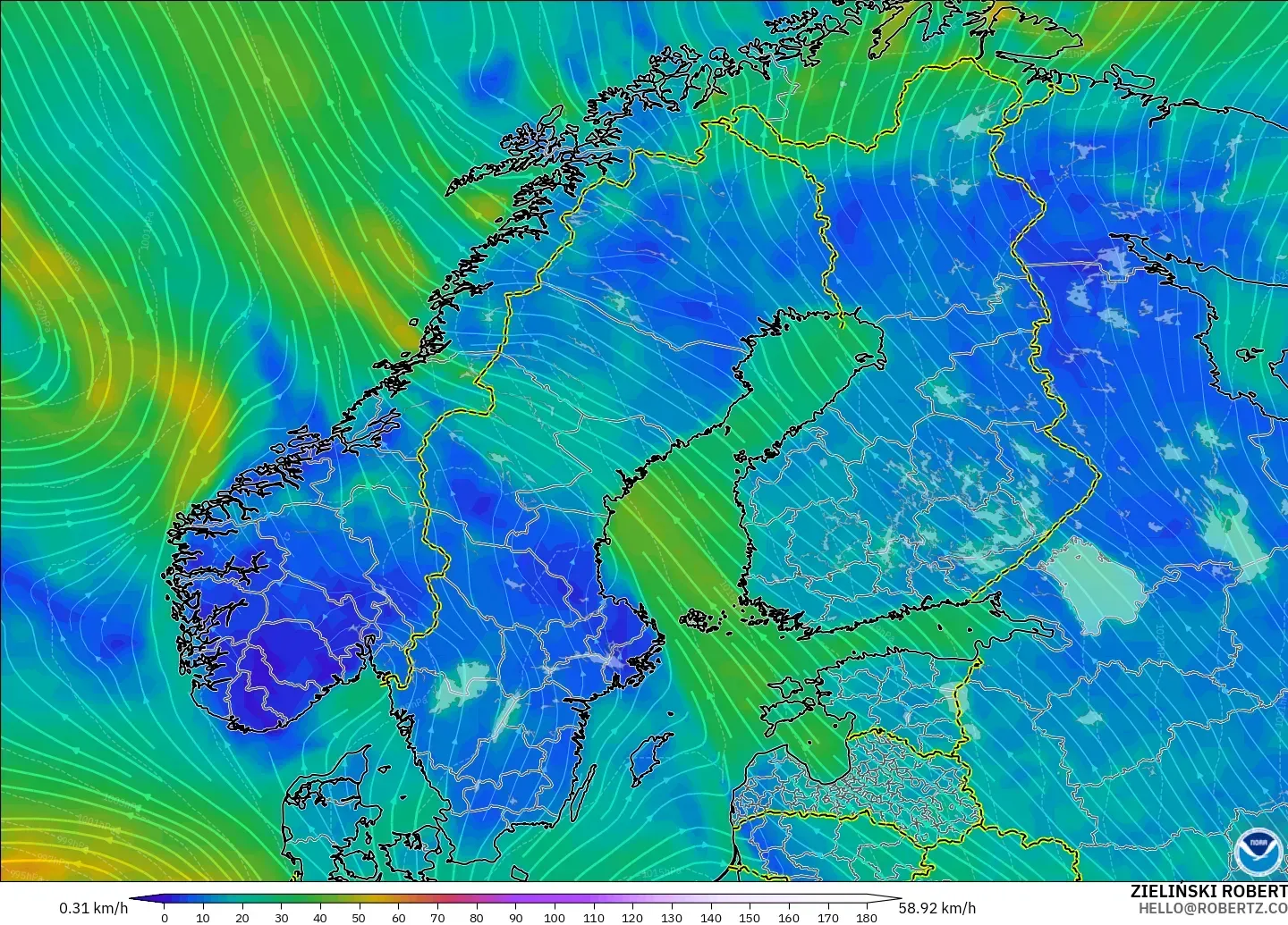 GFS model - Scandinavia, Wind at 10m