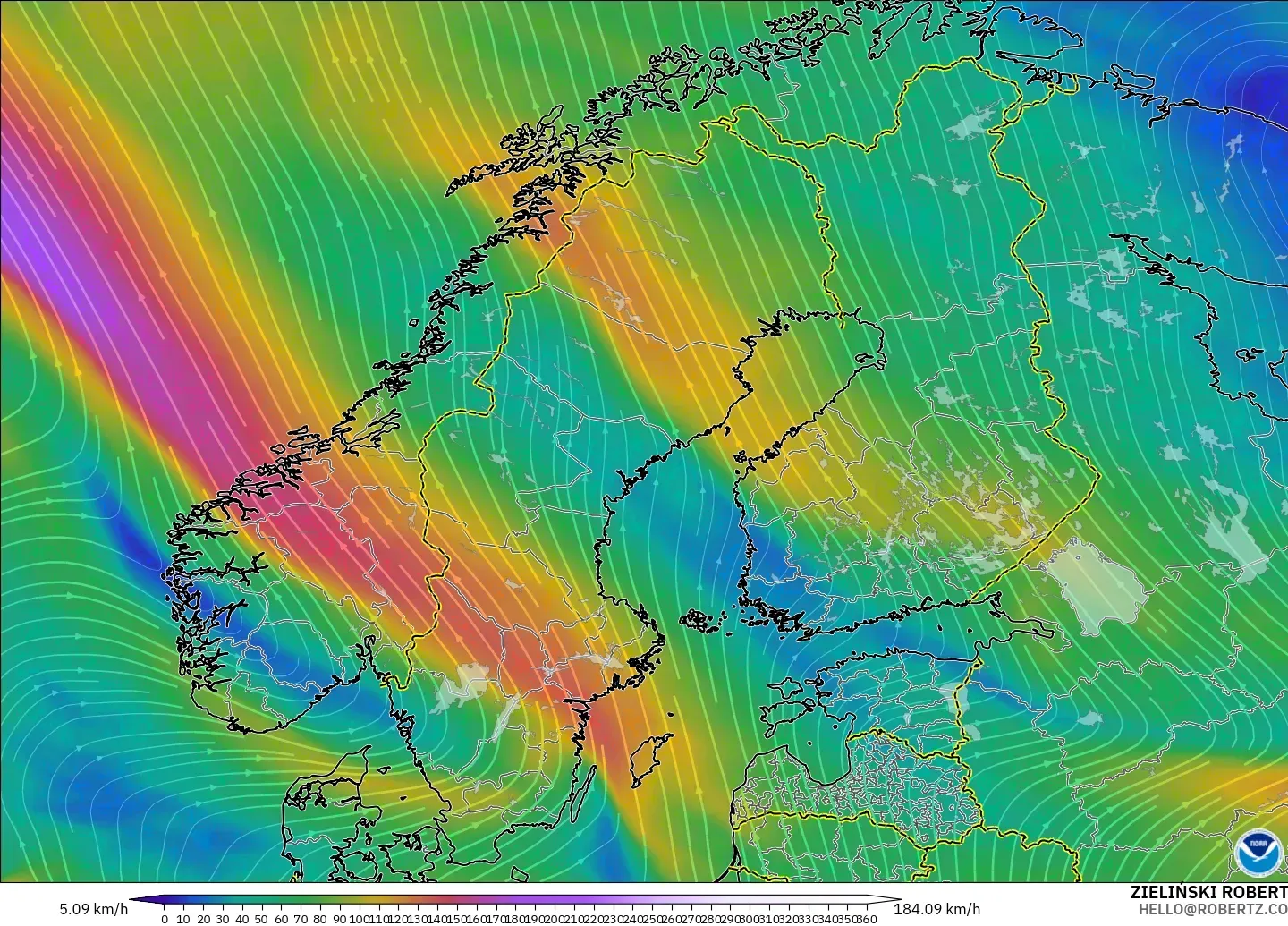GFS model - Scandinavia, Wind at 300hPa (jet stream)