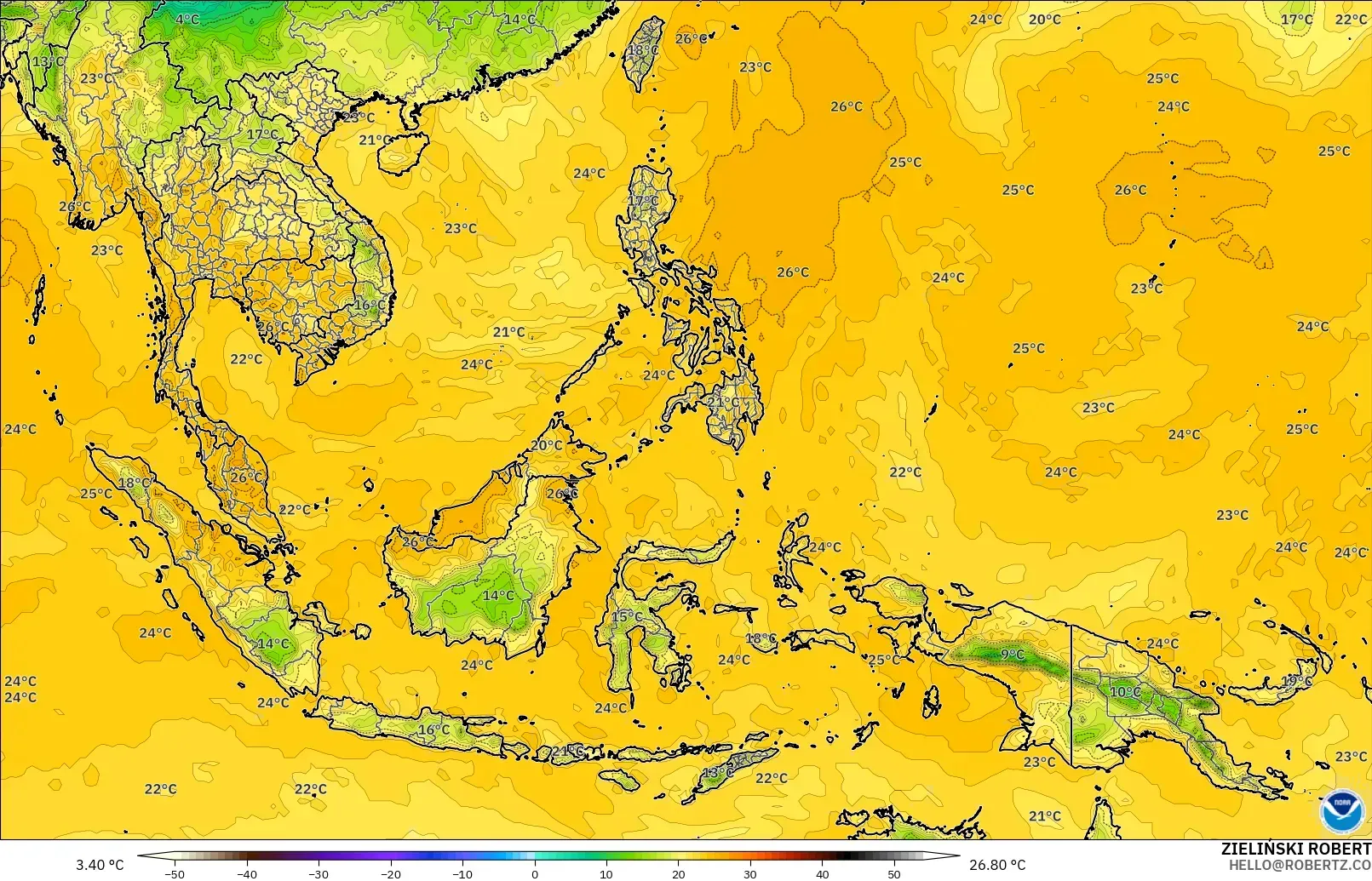 GFS model - South East Asia, Dewpoint at 2m