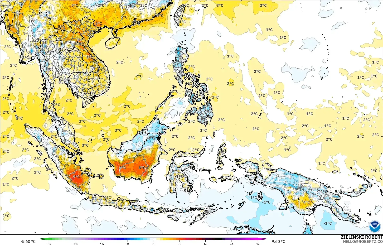 GFS model - South East Asia, Temperature at 2m Anomaly