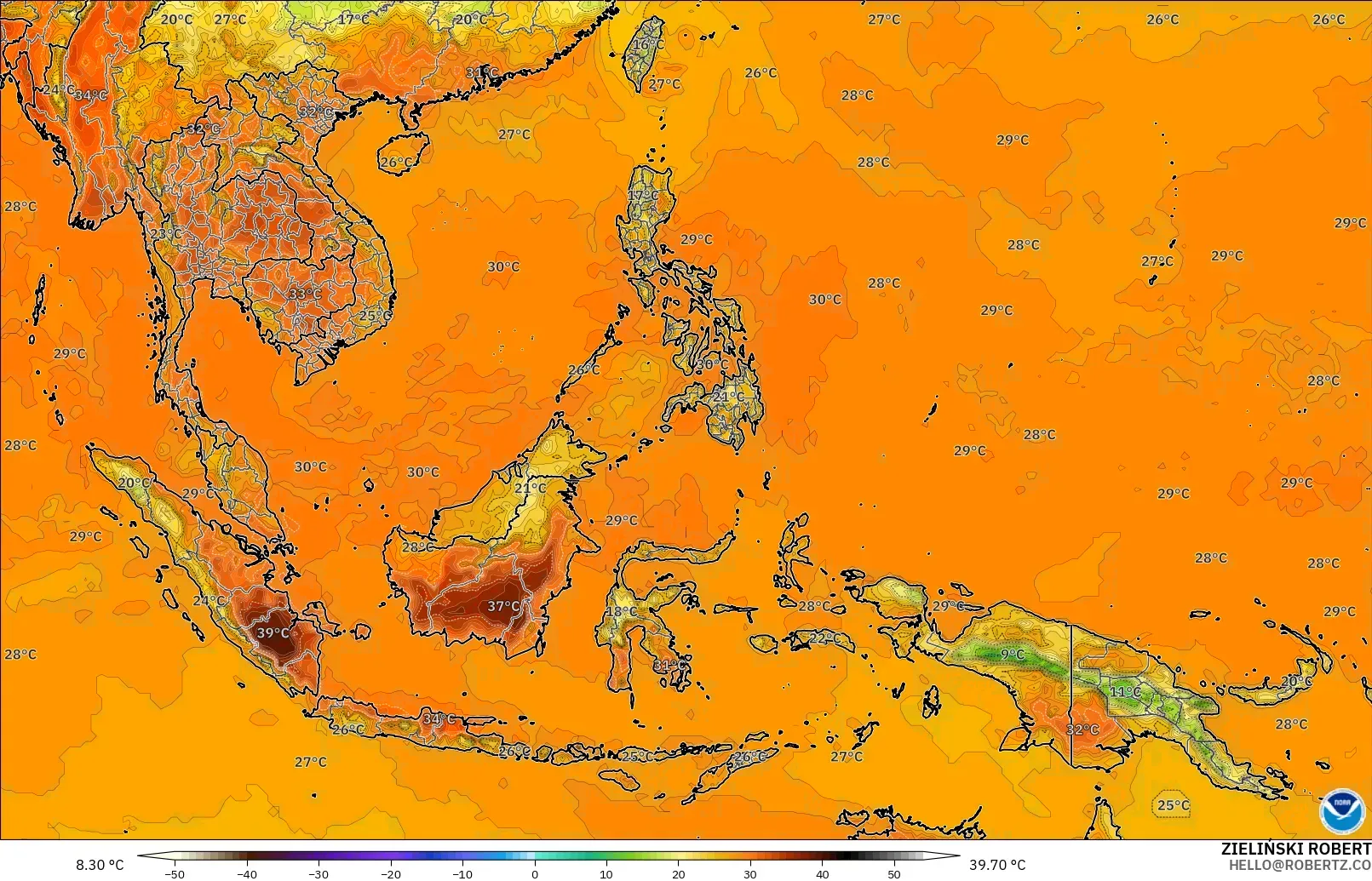 GFS model - South East Asia, Temperature at 2m