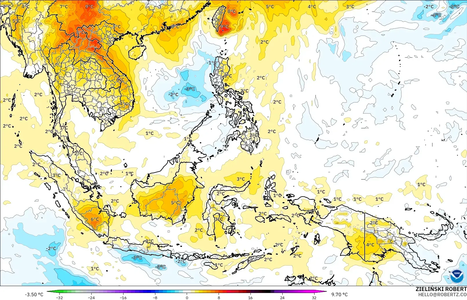 GFS model - South East Asia, Temperature at 850hPa Anomaly