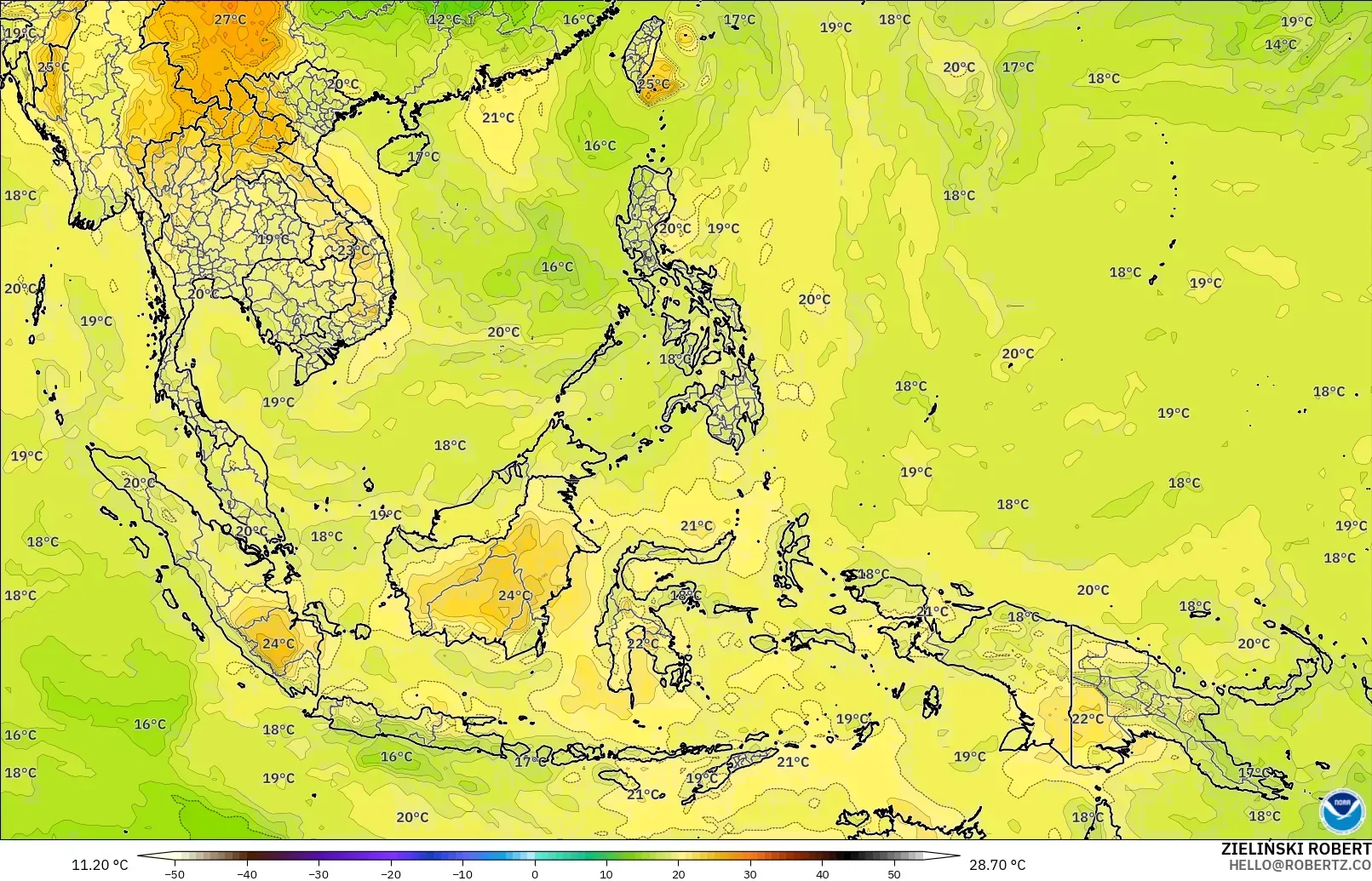 GFS model - South East Asia, Temperature at 850hPa