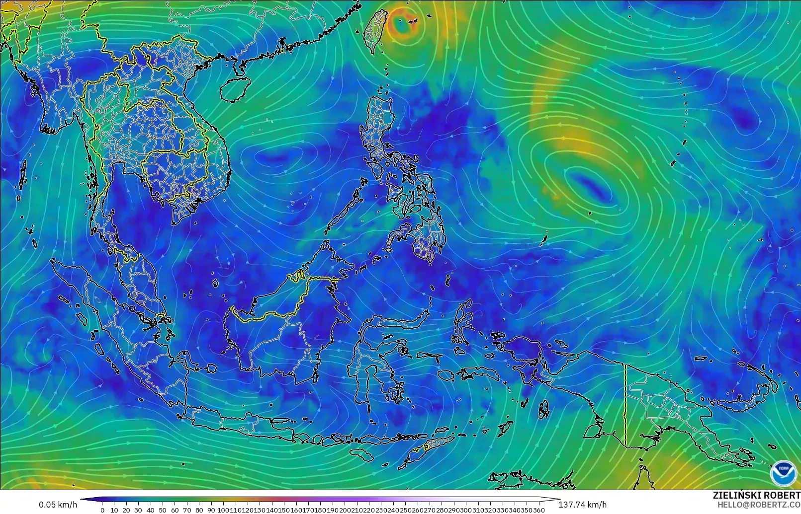 GFS model - South East Asia, Wind at 300hPa (jet stream)