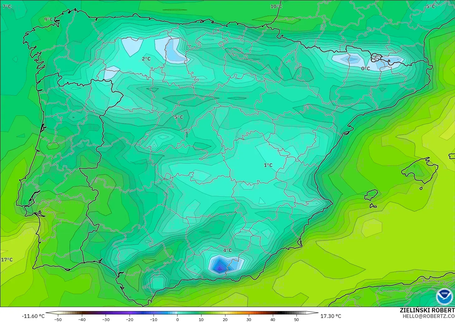 GFS model - Spain, Dewpoint at 2m