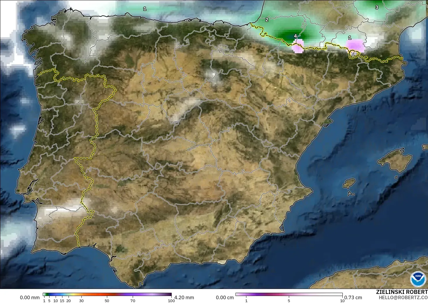 GFS model - Spain, Precipitation, Clouds, and Pressure