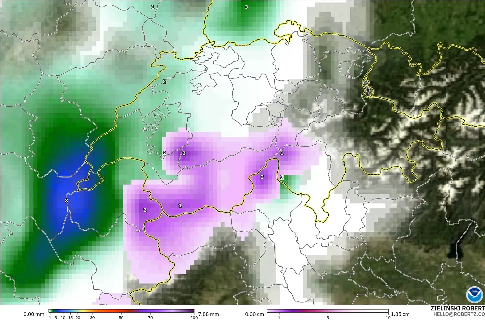 GFS model - Switzerland, Precipitation, Clouds, and Pressure