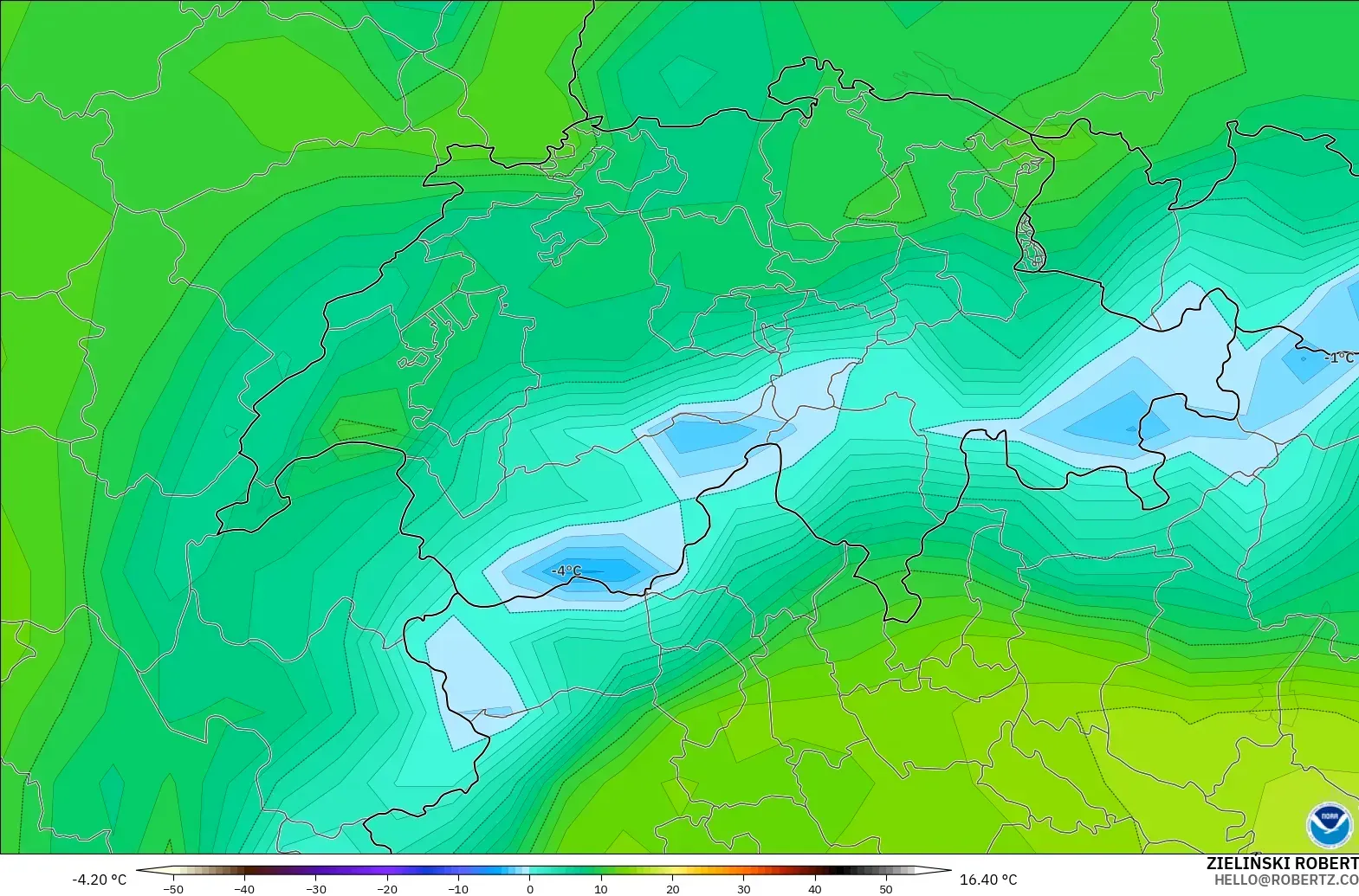GFS model - Switzerland, Temperature at 2m