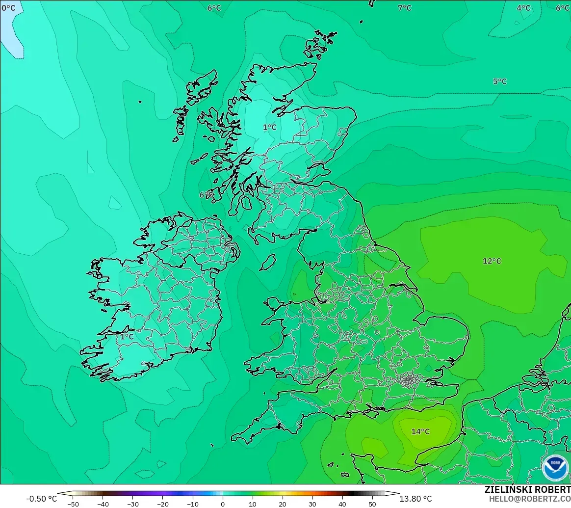 GFS model - United Kingdom, Dewpoint at 2m