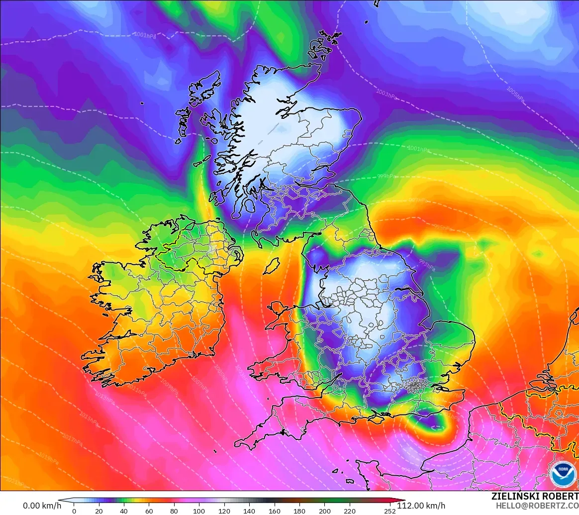 GFS model - United Kingdom, Wind Gusts