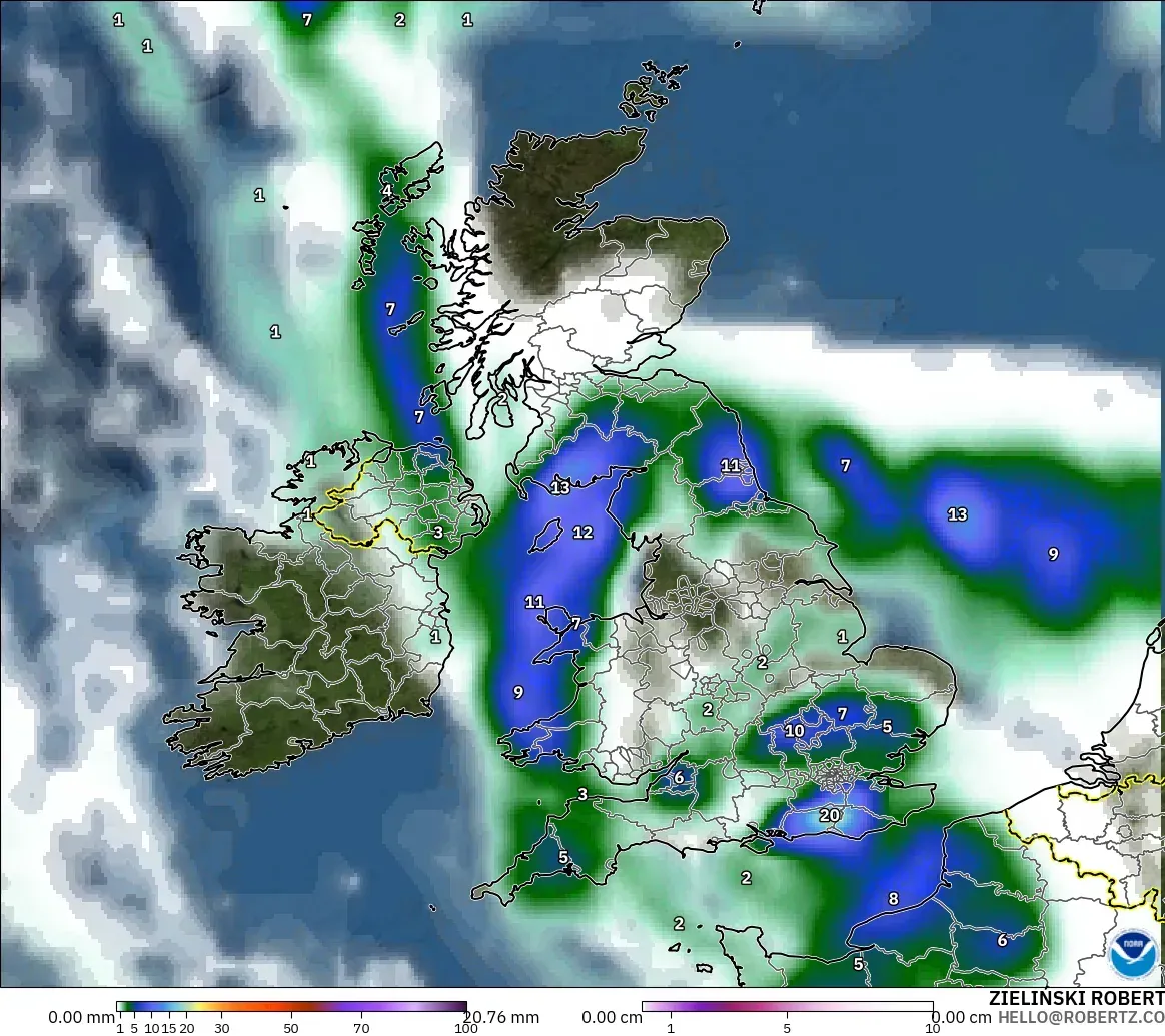 GFS model - United Kingdom, Precipitation, Clouds, and Pressure
