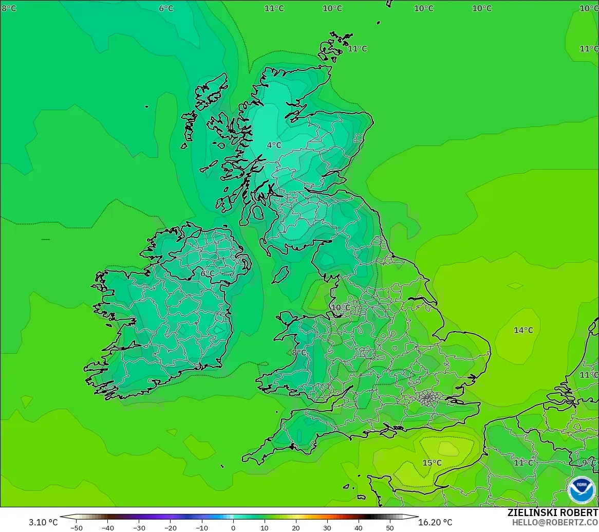 GFS model - United Kingdom, Temperature at 2m