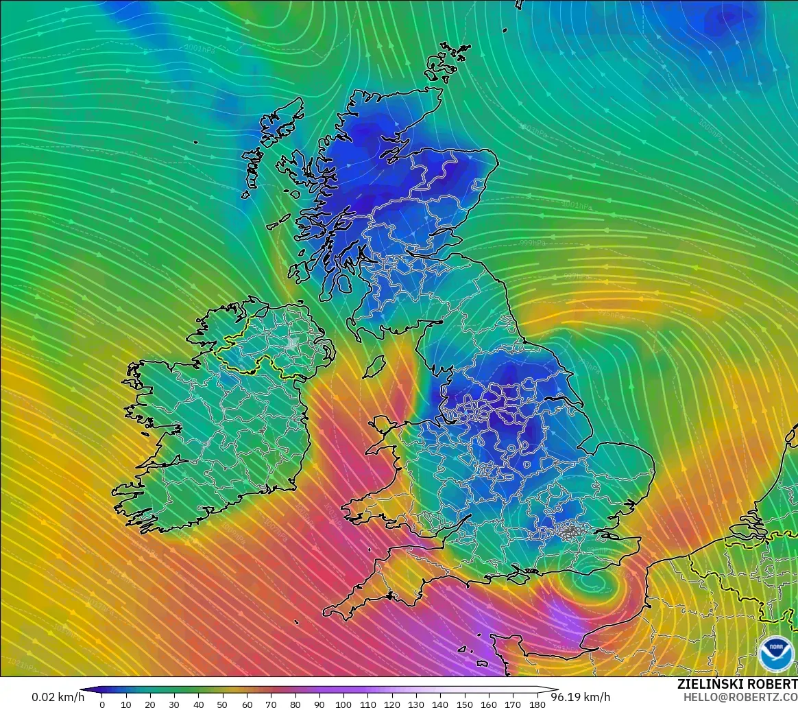 GFS model - United Kingdom, Wind at 10m