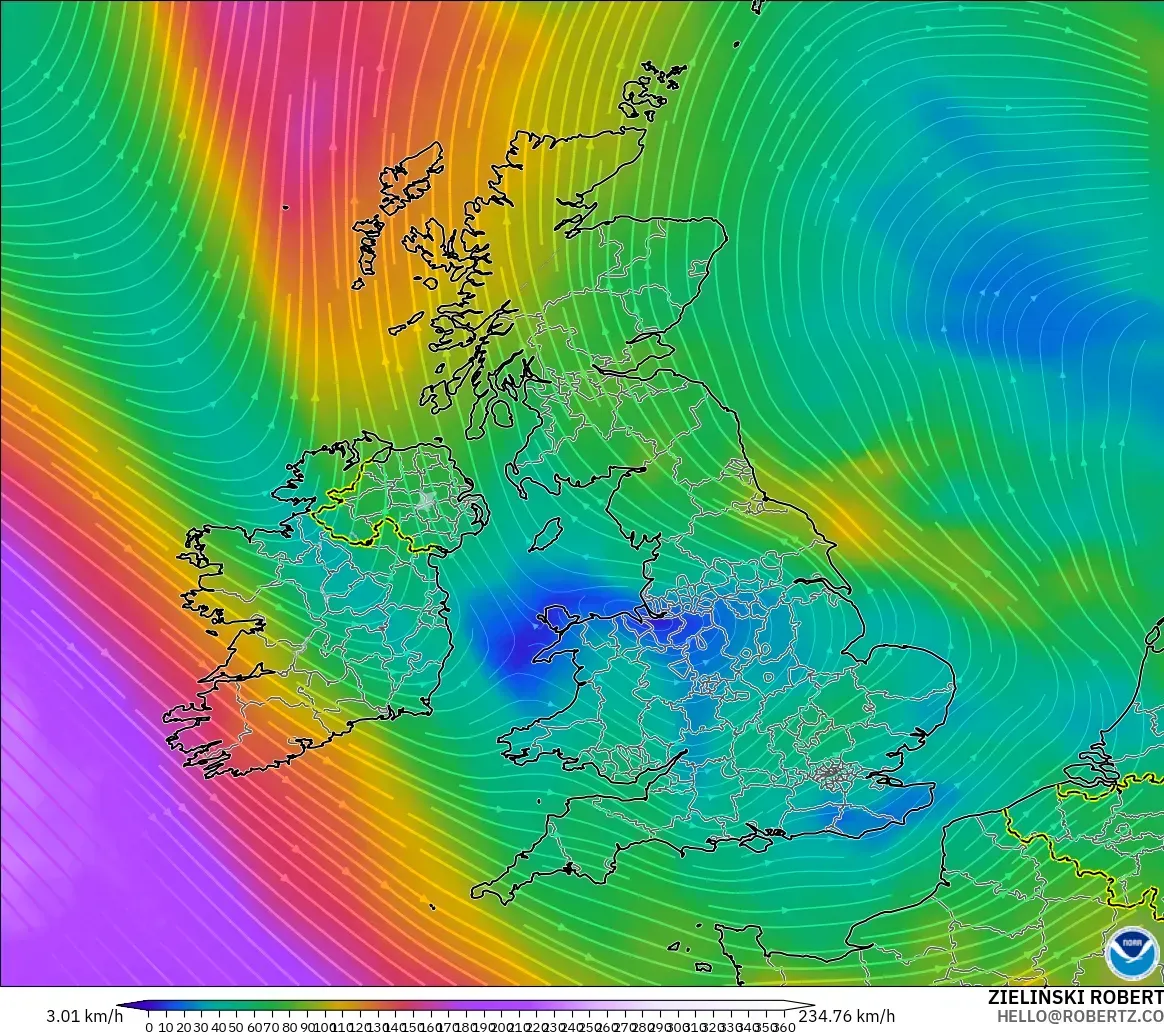 GFS model - United Kingdom, Wind at 300hPa (jet stream)