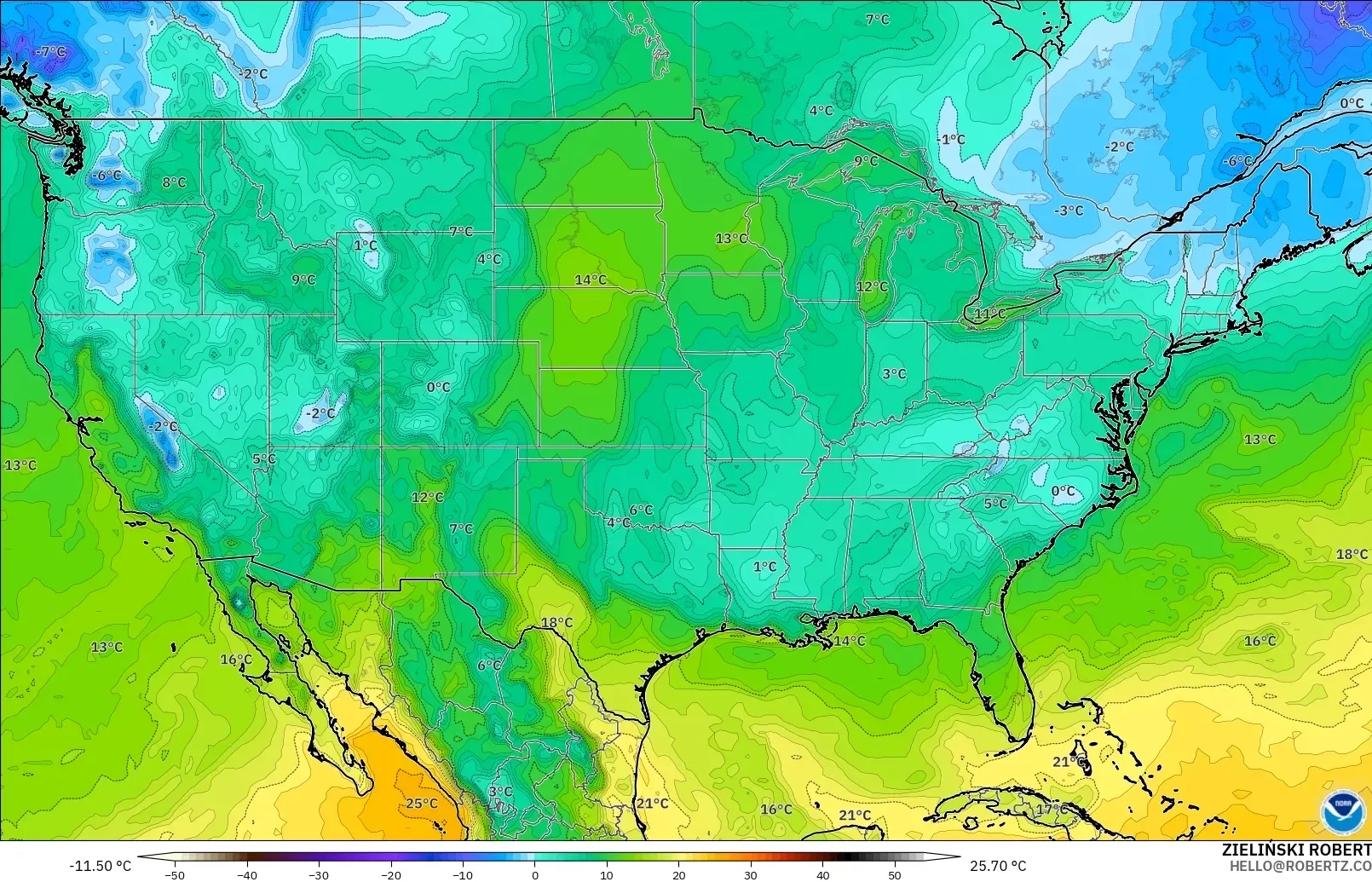 GFS model - United States, Dewpoint at 2m