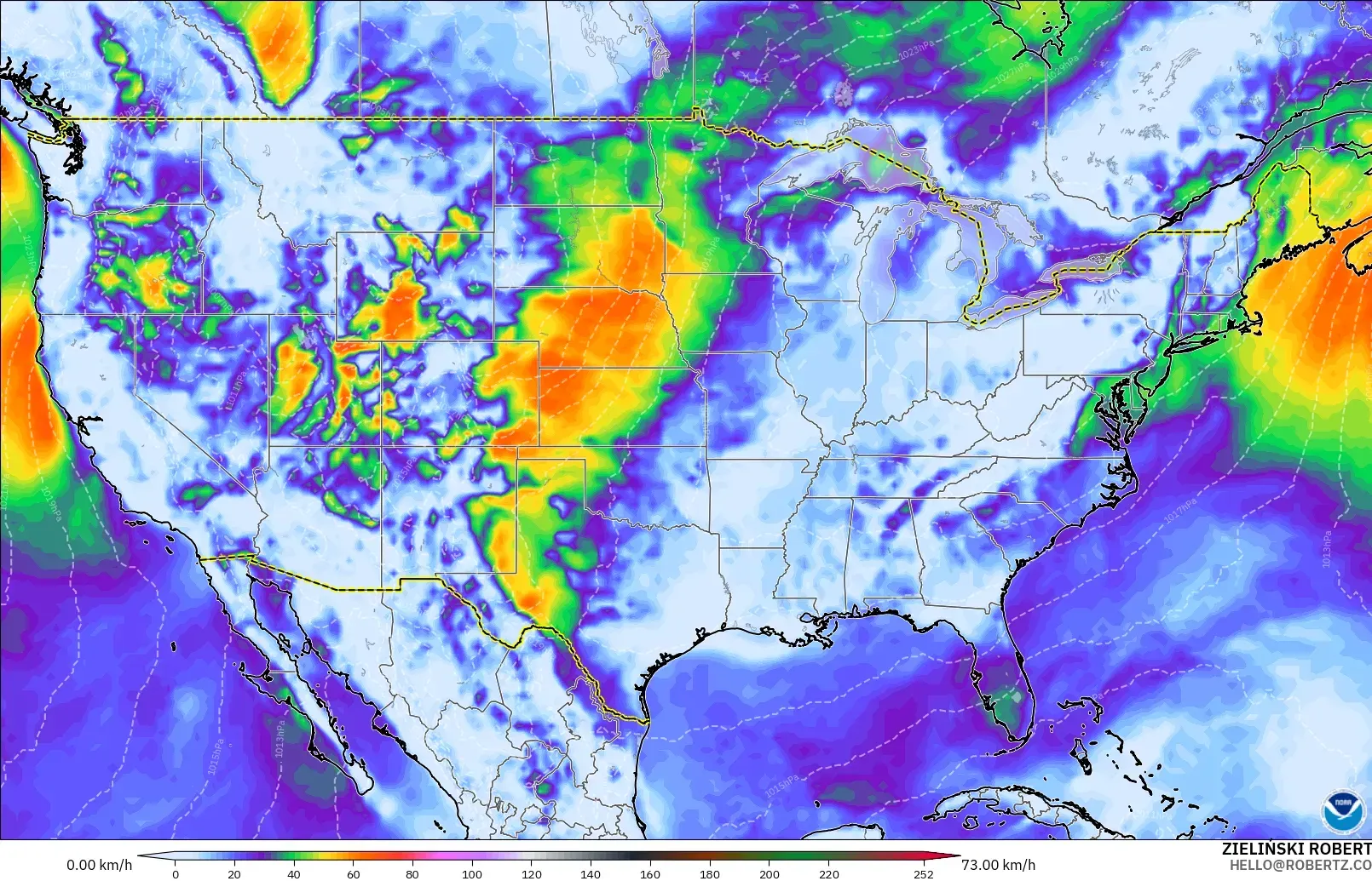 GFS model - United States, Wind Gusts