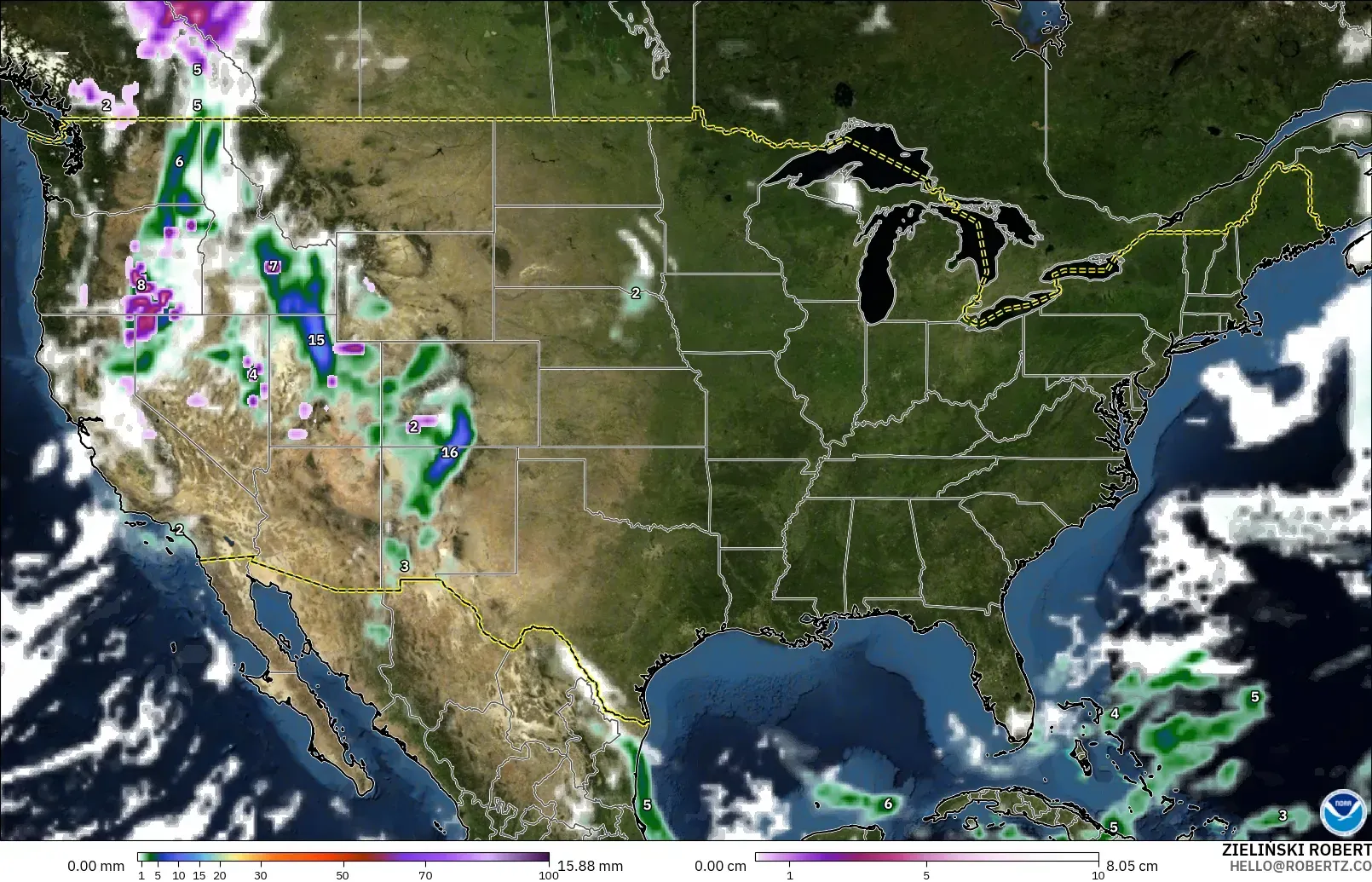 GFS model - United States, Precipitation, Clouds, and Pressure