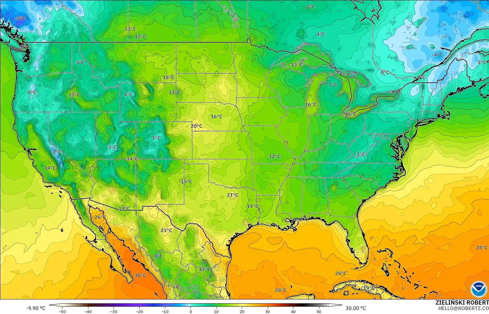 GFS model - United States, Temperature at 2m