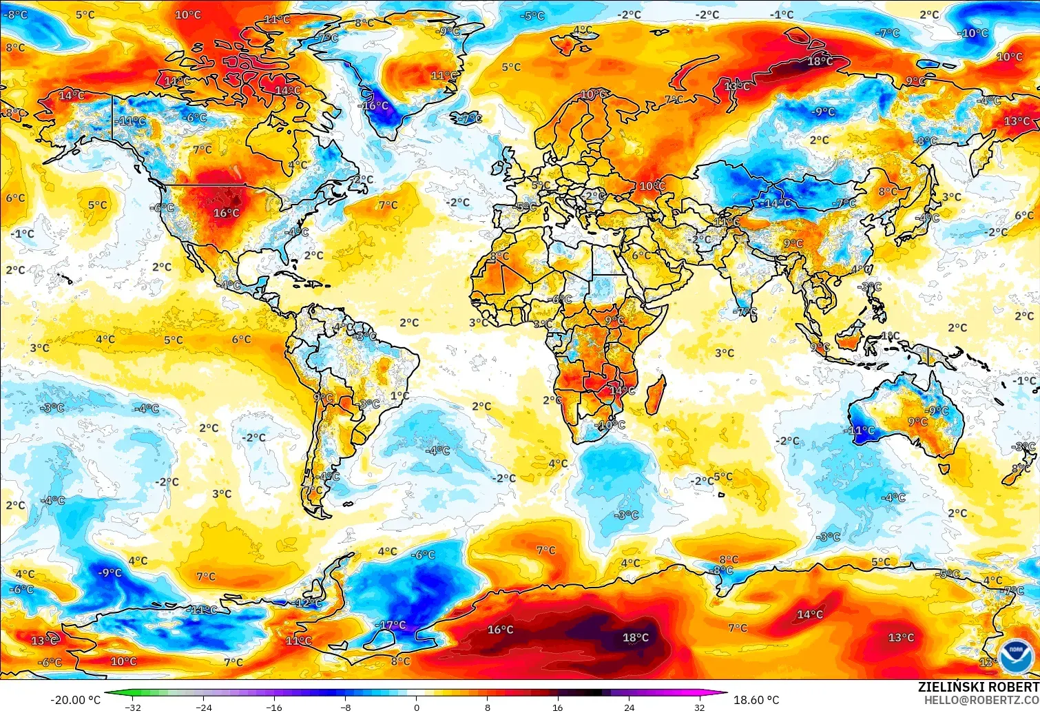 GFS model - World, Temperature at 2m Anomaly