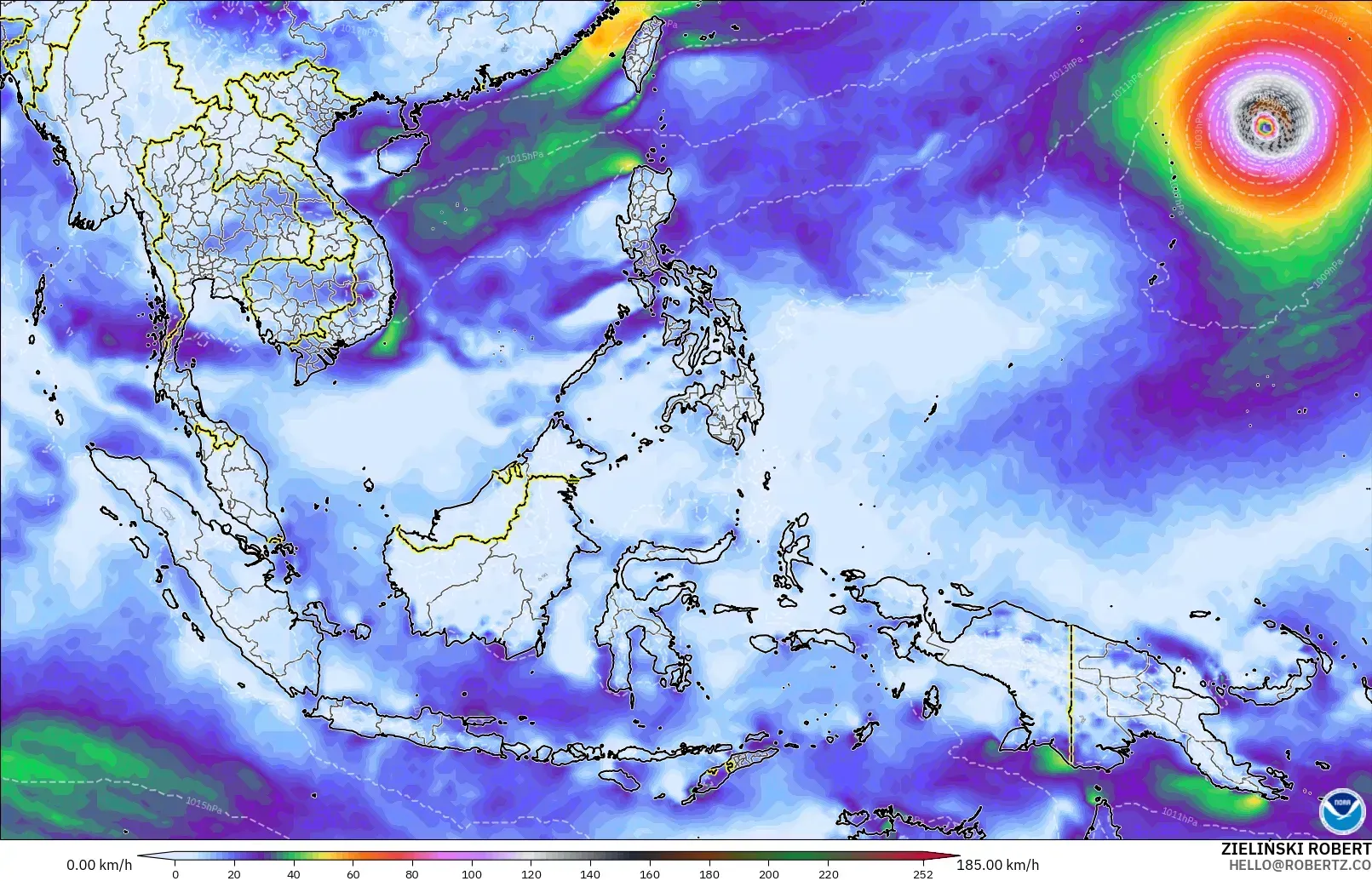 Angin kencang hingga 135 km/jam, dengan inti berkekuatan topan (≥ 118 km/jam) di timur laut Indonesia, Sabtu 31 Oktober 2026. Model GFS