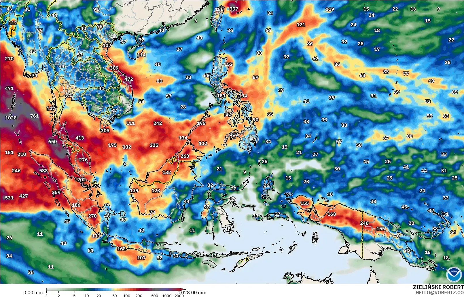 Hujan hingga 627 mm dalam 5,8 hari, dengan inti hujan ekstrem (≥ 100 mm per hari) di barat laut Indonesia, Kamis 29 Oktober 2026. Model GFS