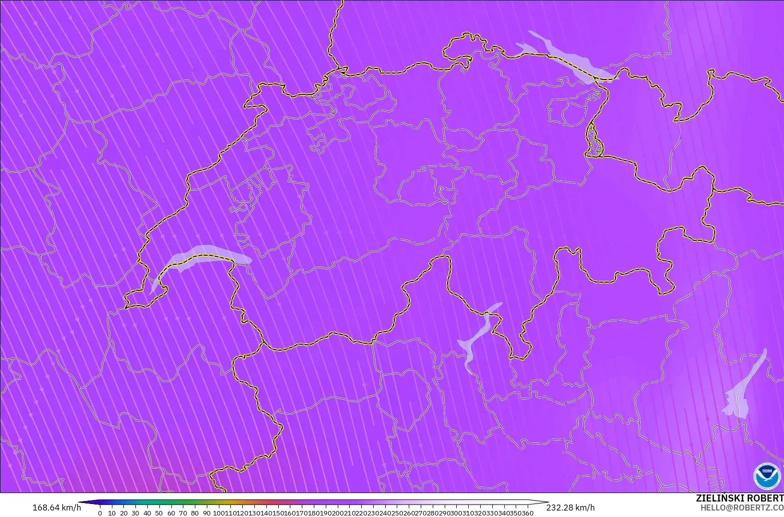 GFS model - Switzerland, Wind at 300hPa (jet stream)