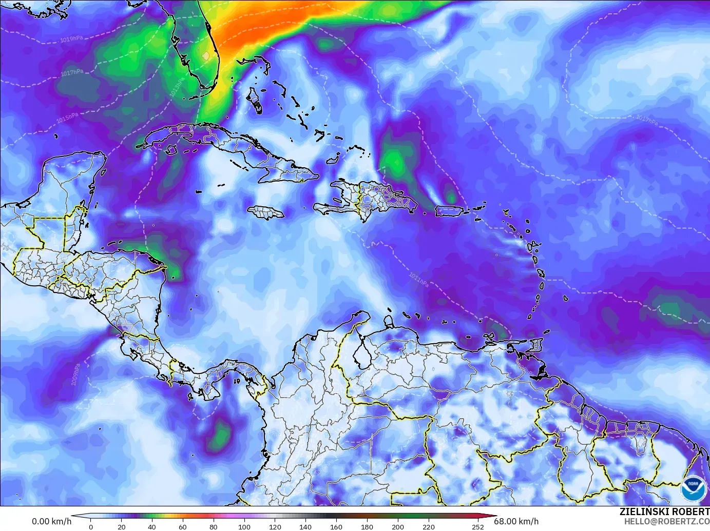 GFS model - Caribbean, Wind Gusts