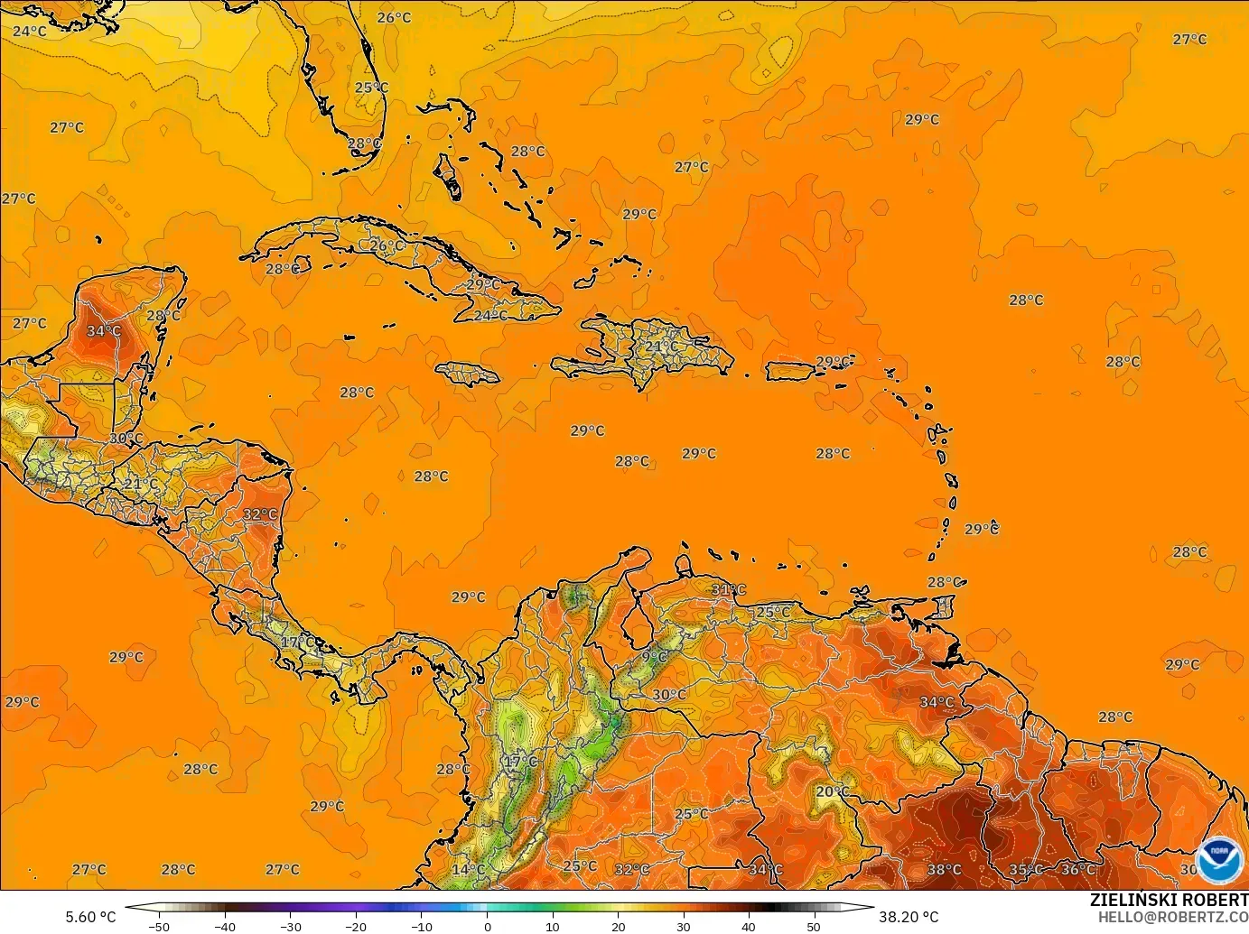 GFS model - Caribbean, Temperature at 2m