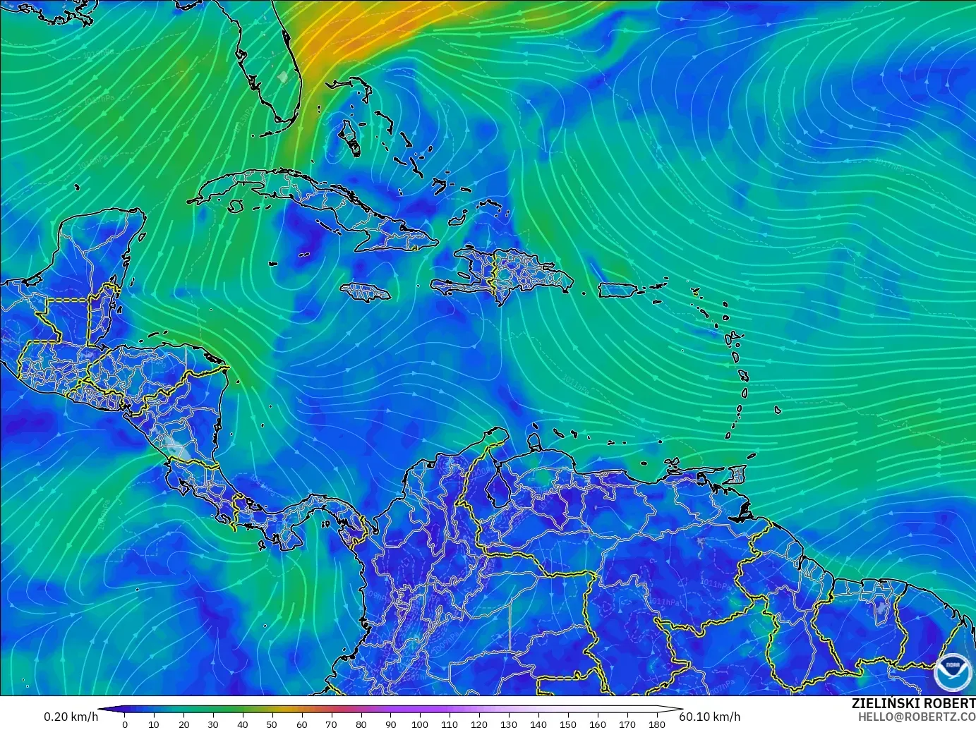GFS model - Caribbean, Wind at 10m