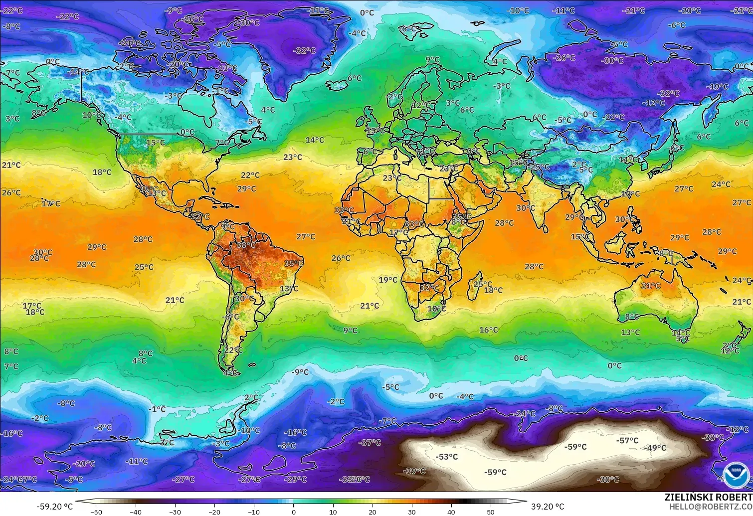 GFS model - World, Temperature at 2m