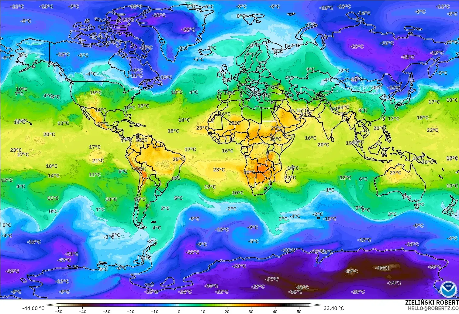 GFS model - World, Temperature at 850hPa