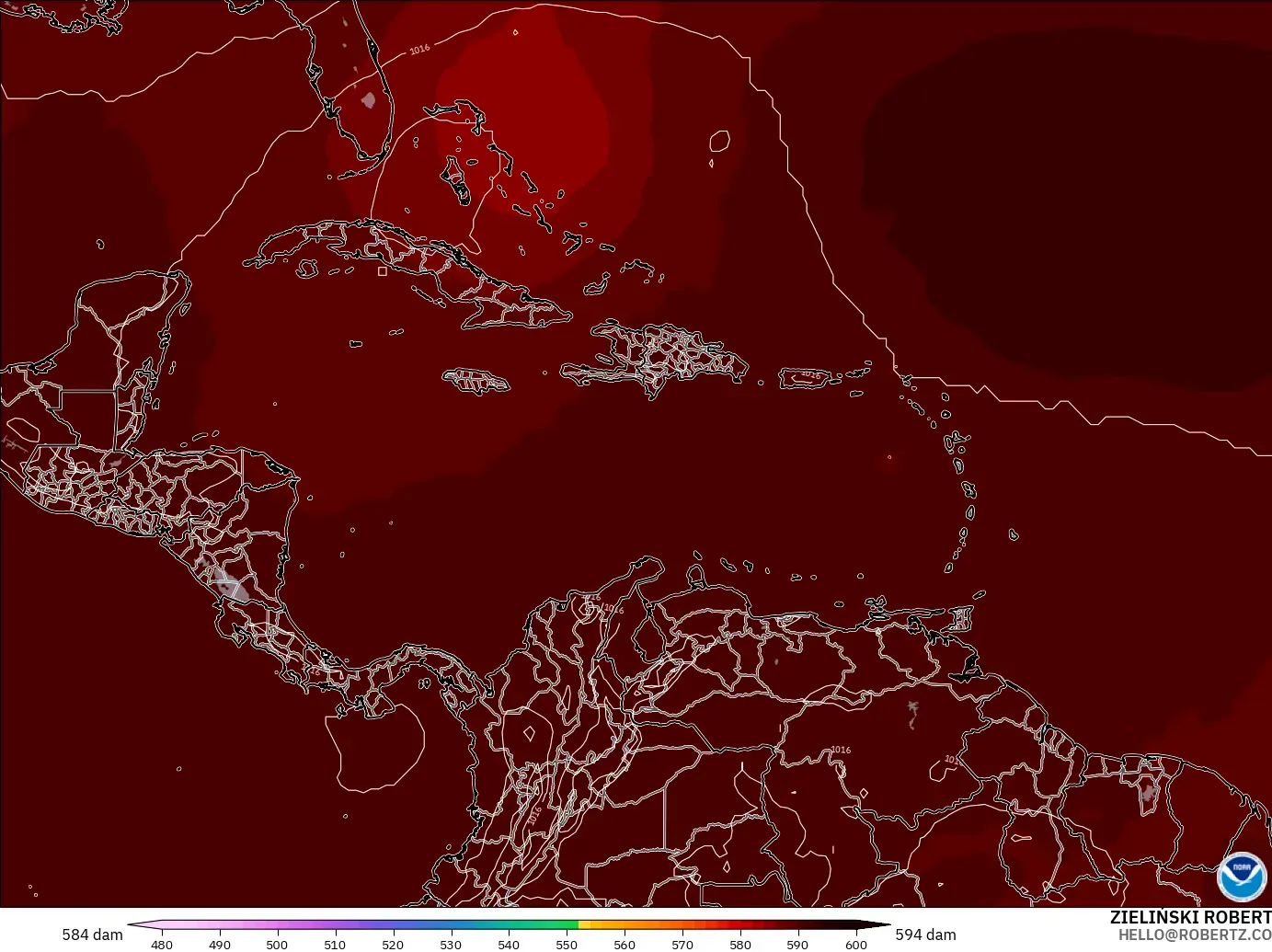 GFS model - Caribbean, Geopotential height at 500hPa
