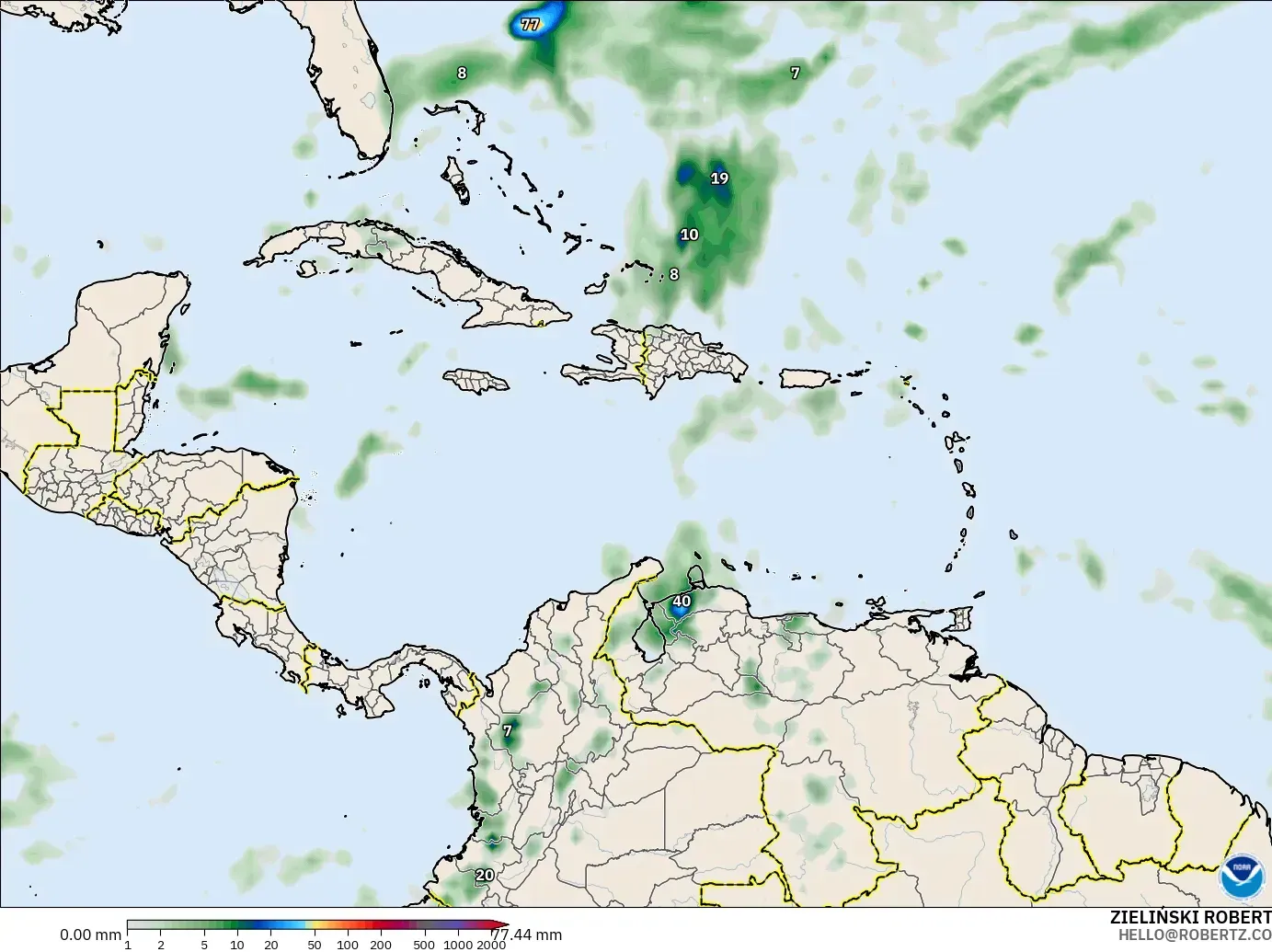 GFS model - Caribbean, Precipitation Accumulation