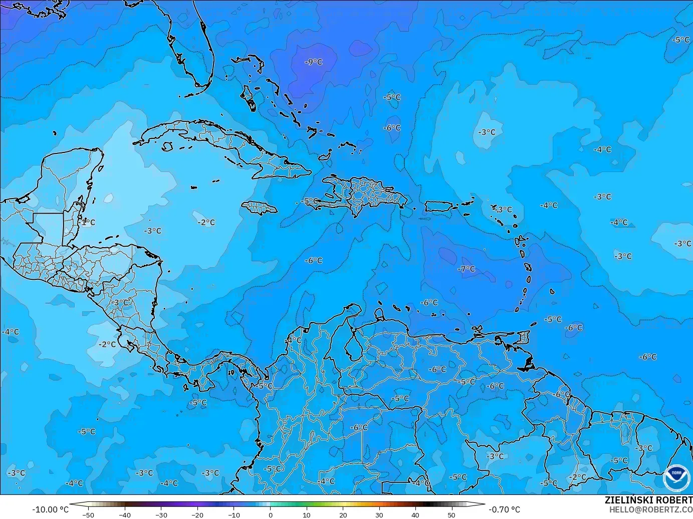 GFS model - Caribbean, Temperature at 500hPa