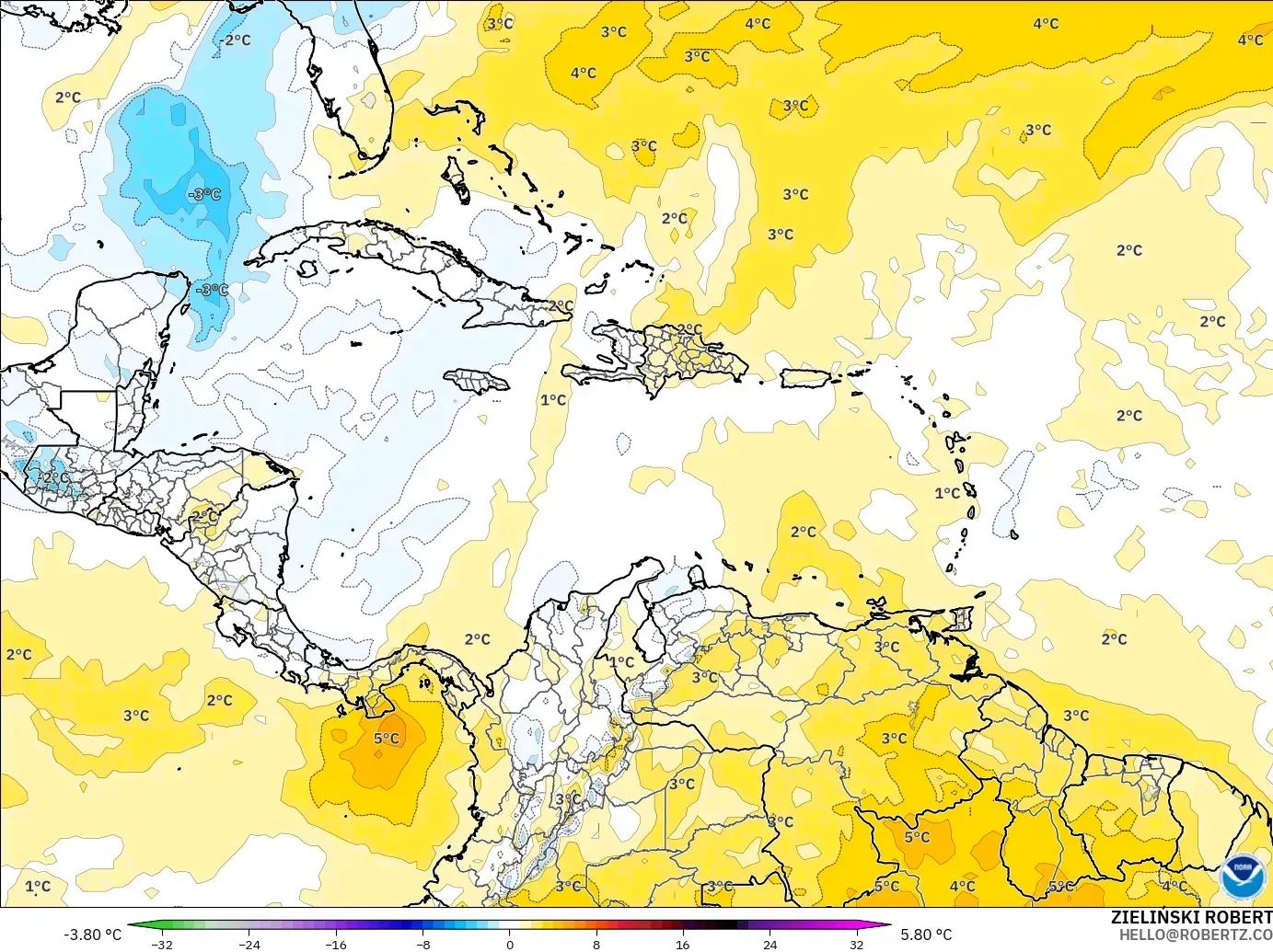 GFS model - Caribbean, Temperature at 850hPa Anomaly