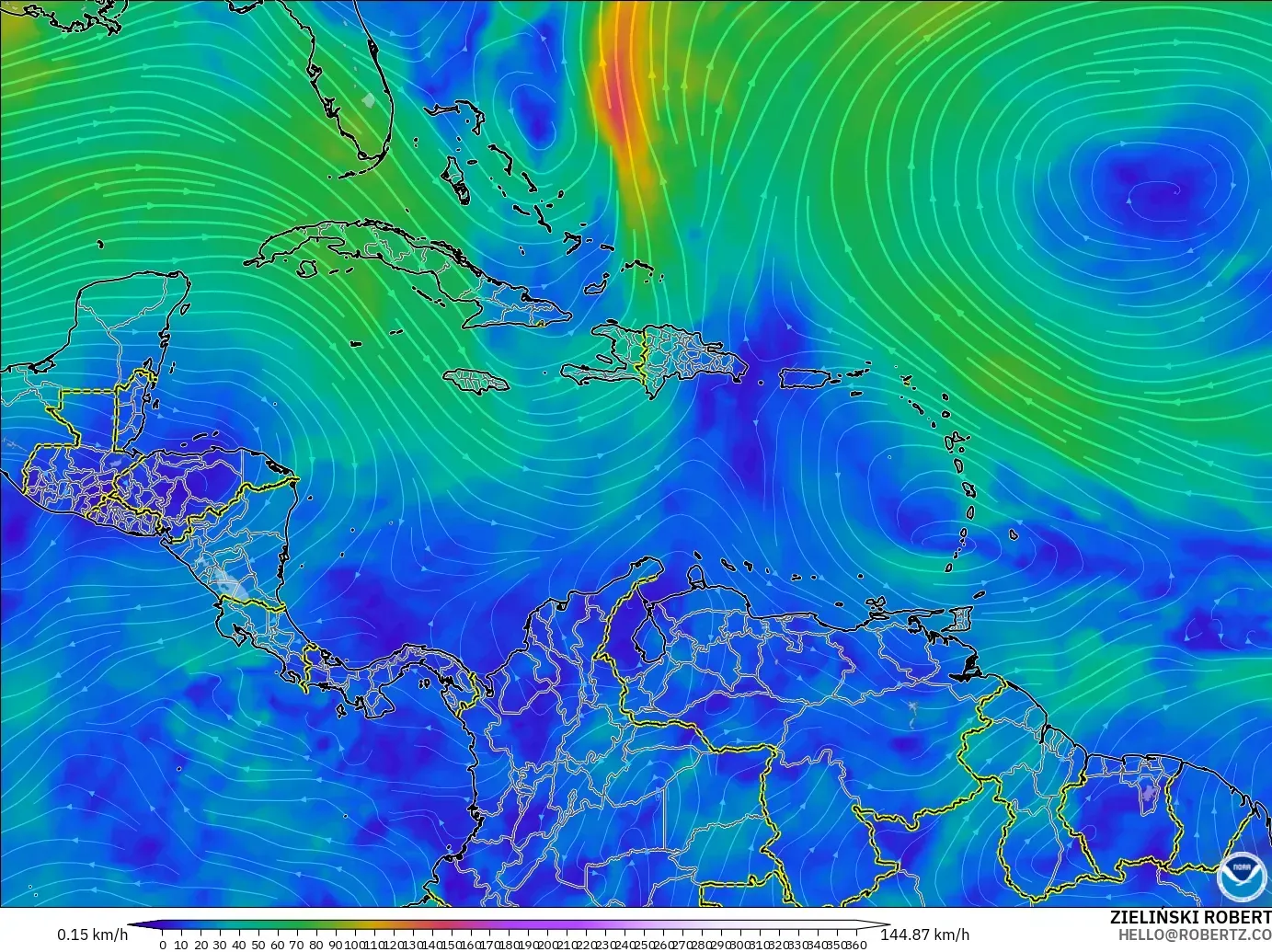GFS model - Caribbean, Wind at 300hPa (jet stream)
