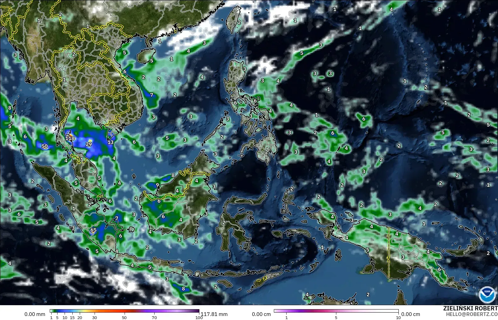 GFS model - South East Asia, Precipitation, Clouds, and Pressure