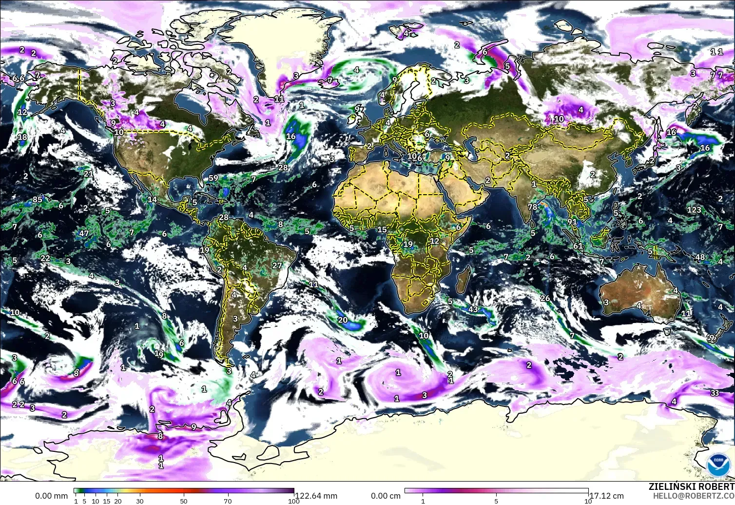GFS model - World, Precipitation, Clouds, and Pressure