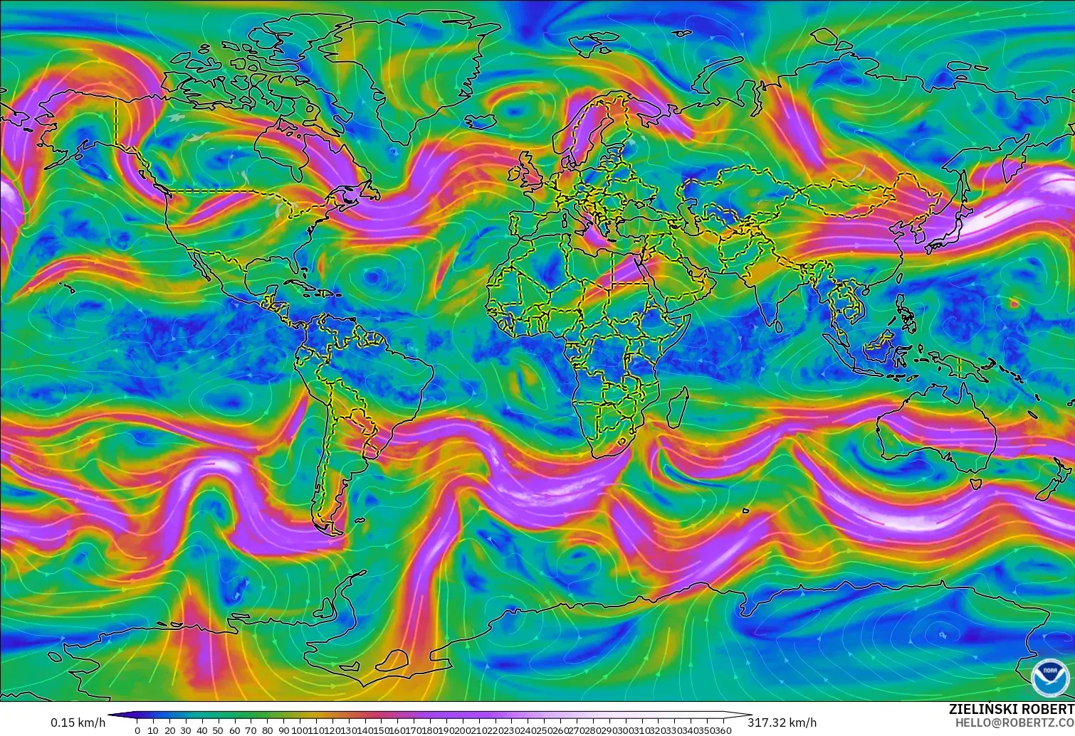 GFS model - World, Wind at 300hPa (jet stream)