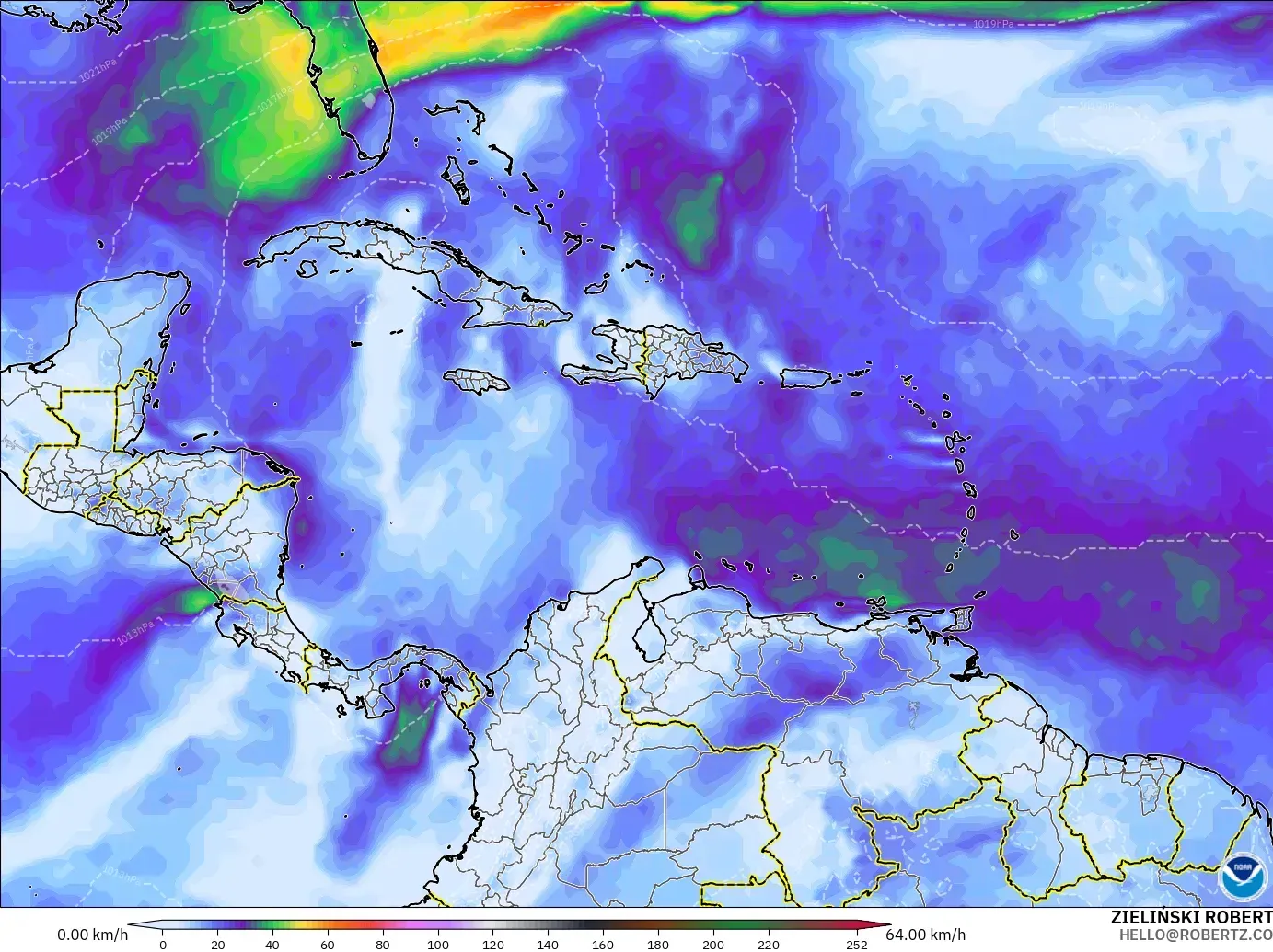 GFS model - Caribbean, Wind Gusts Peak
