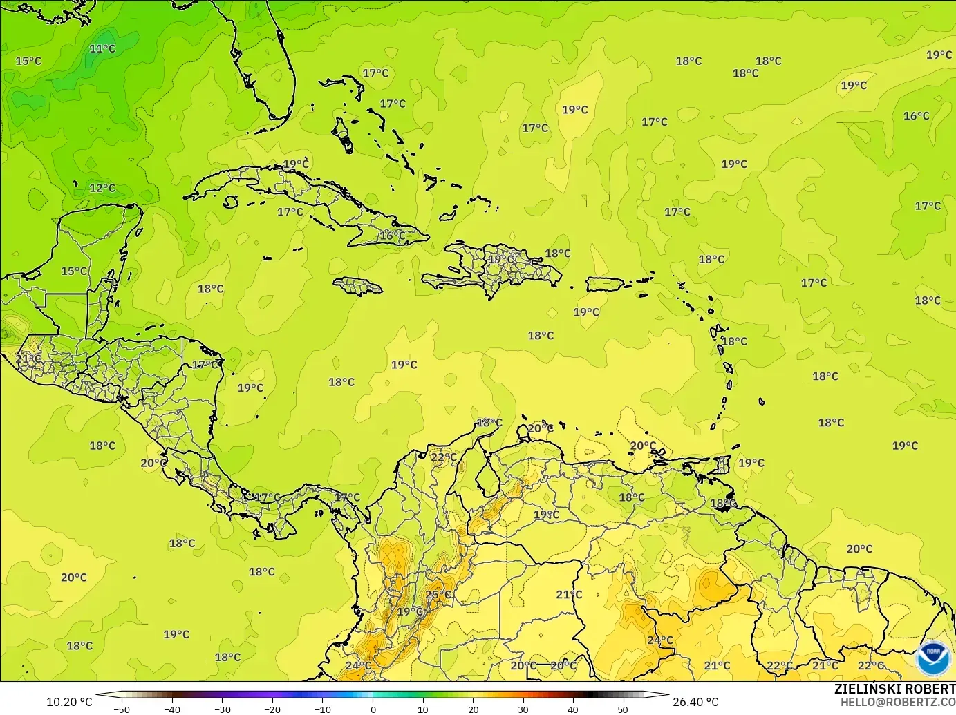GFS model - Caribbean, Temperature at 850hPa