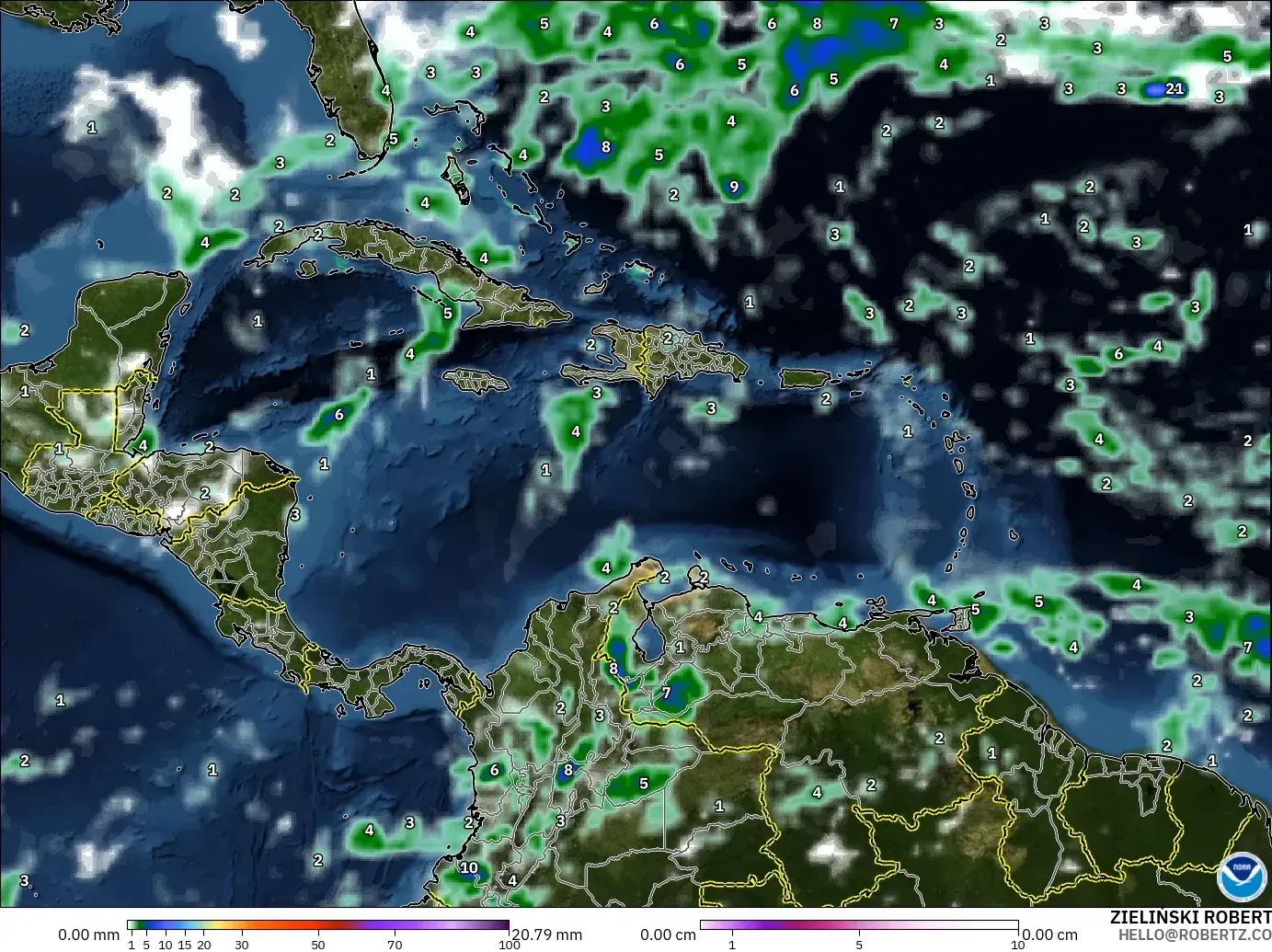 GFS model - Caribbean, Precipitation, Clouds, and Pressure