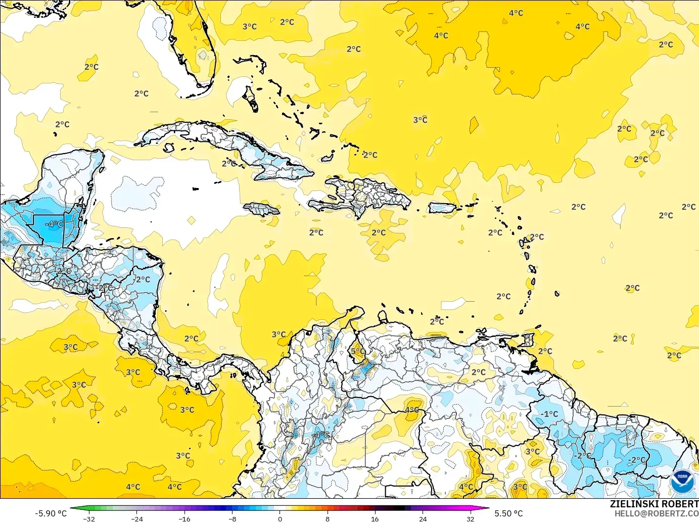 GFS model - Caribbean, Temperature at 2m Anomaly
