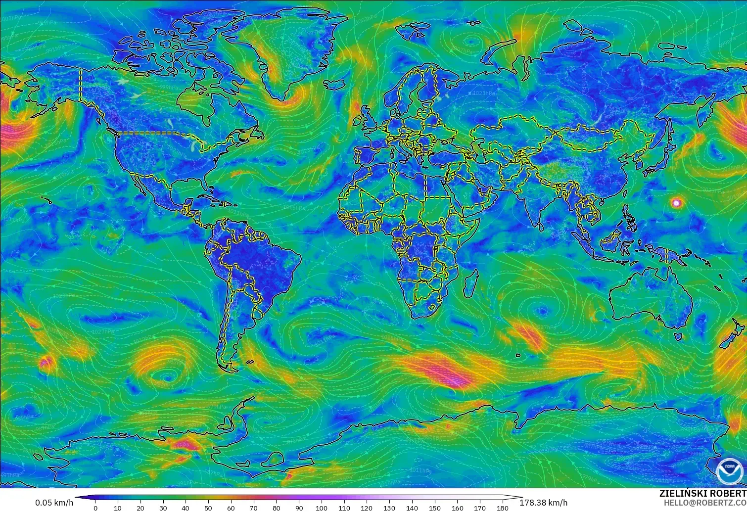 GFS model - World, Wind at 10m