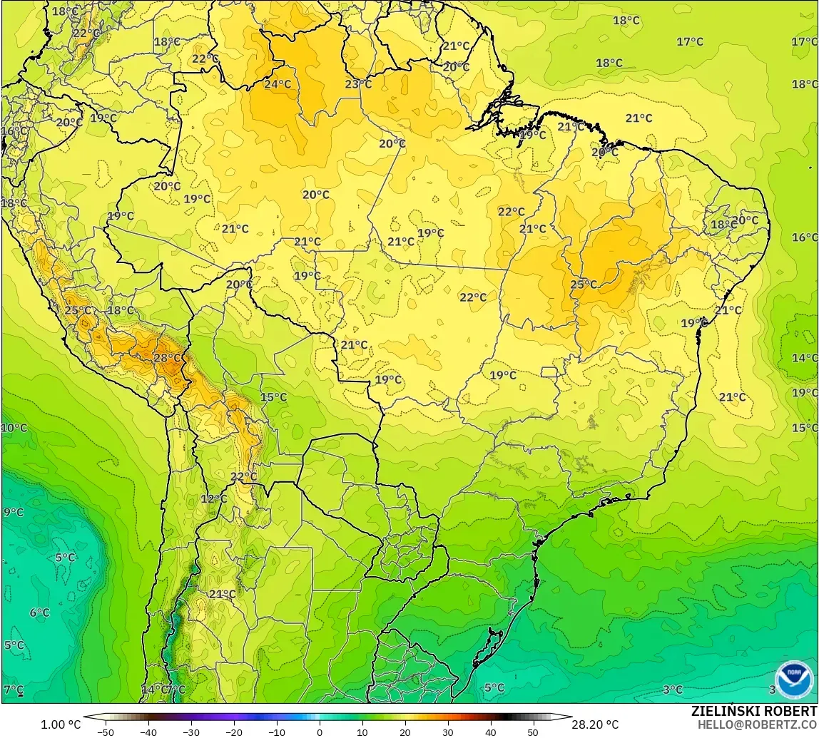 GFS model - Brazil, Temperature at 850hPa