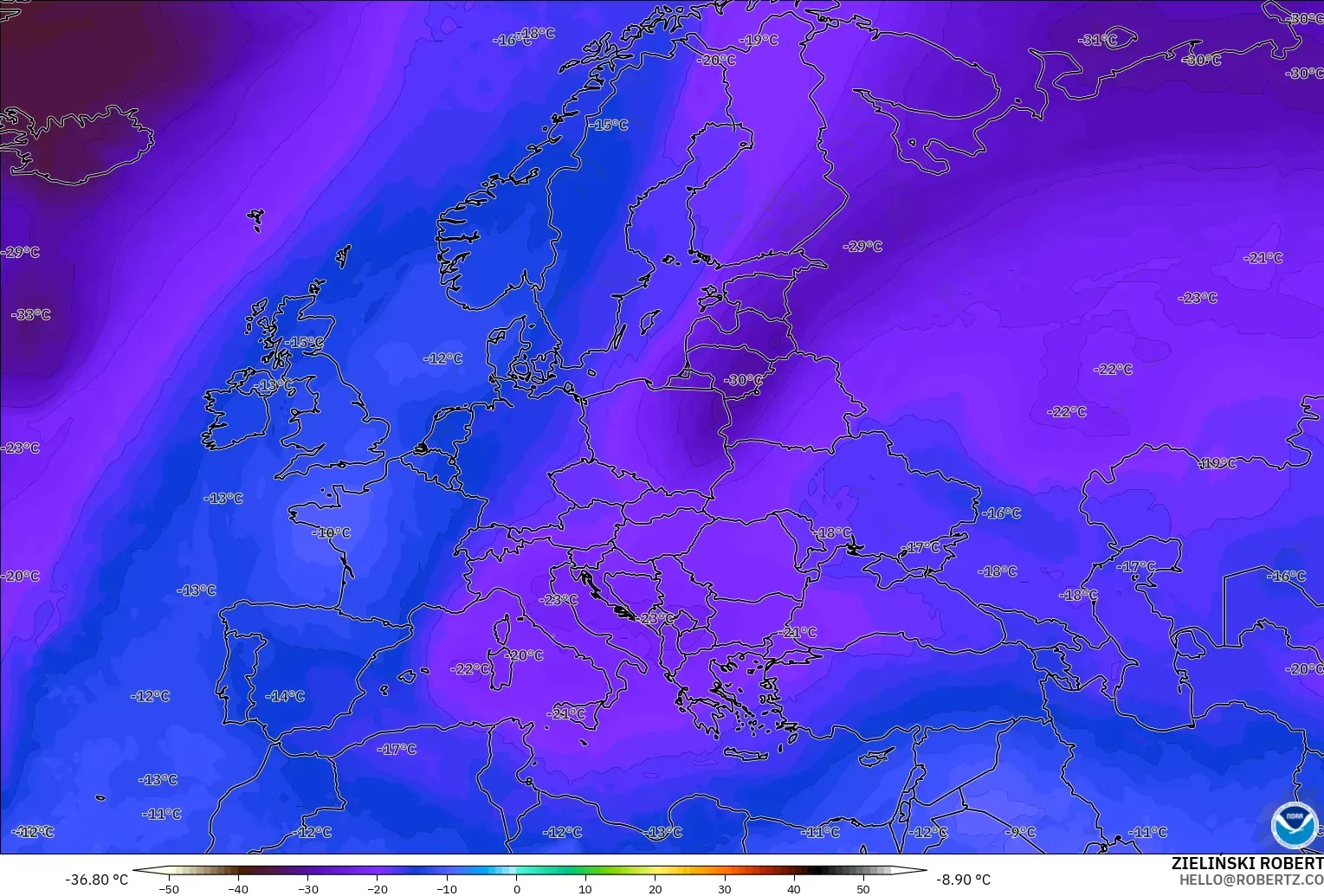 GFS model - Europe, Temperature at 500hPa