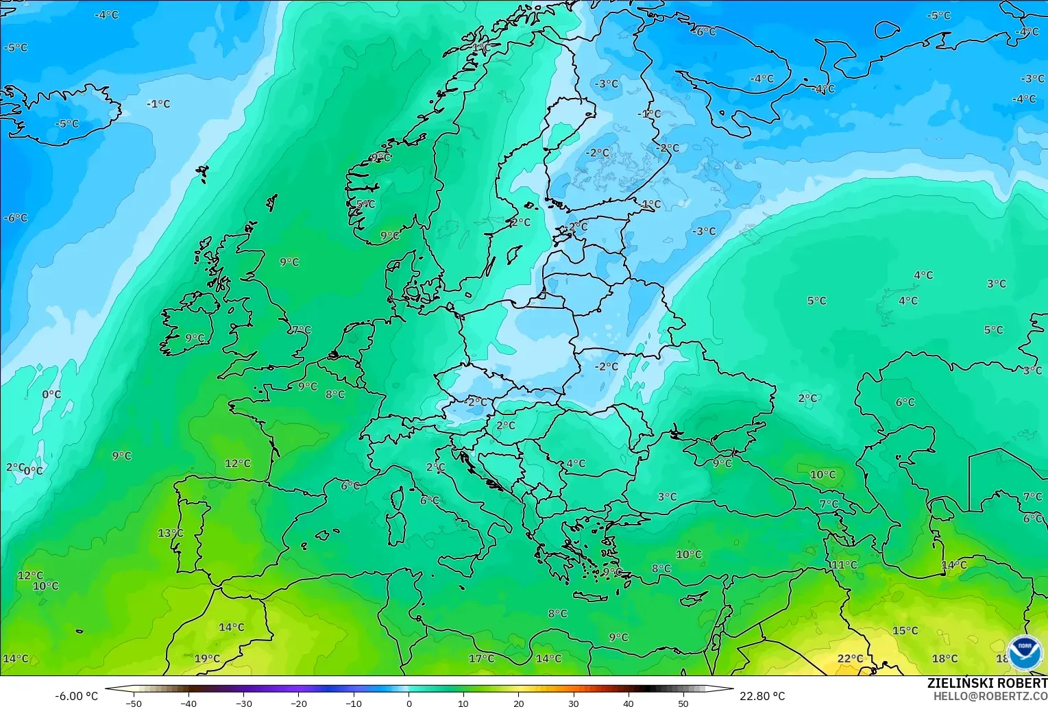 GFS model - Europe, Temperature at 850hPa